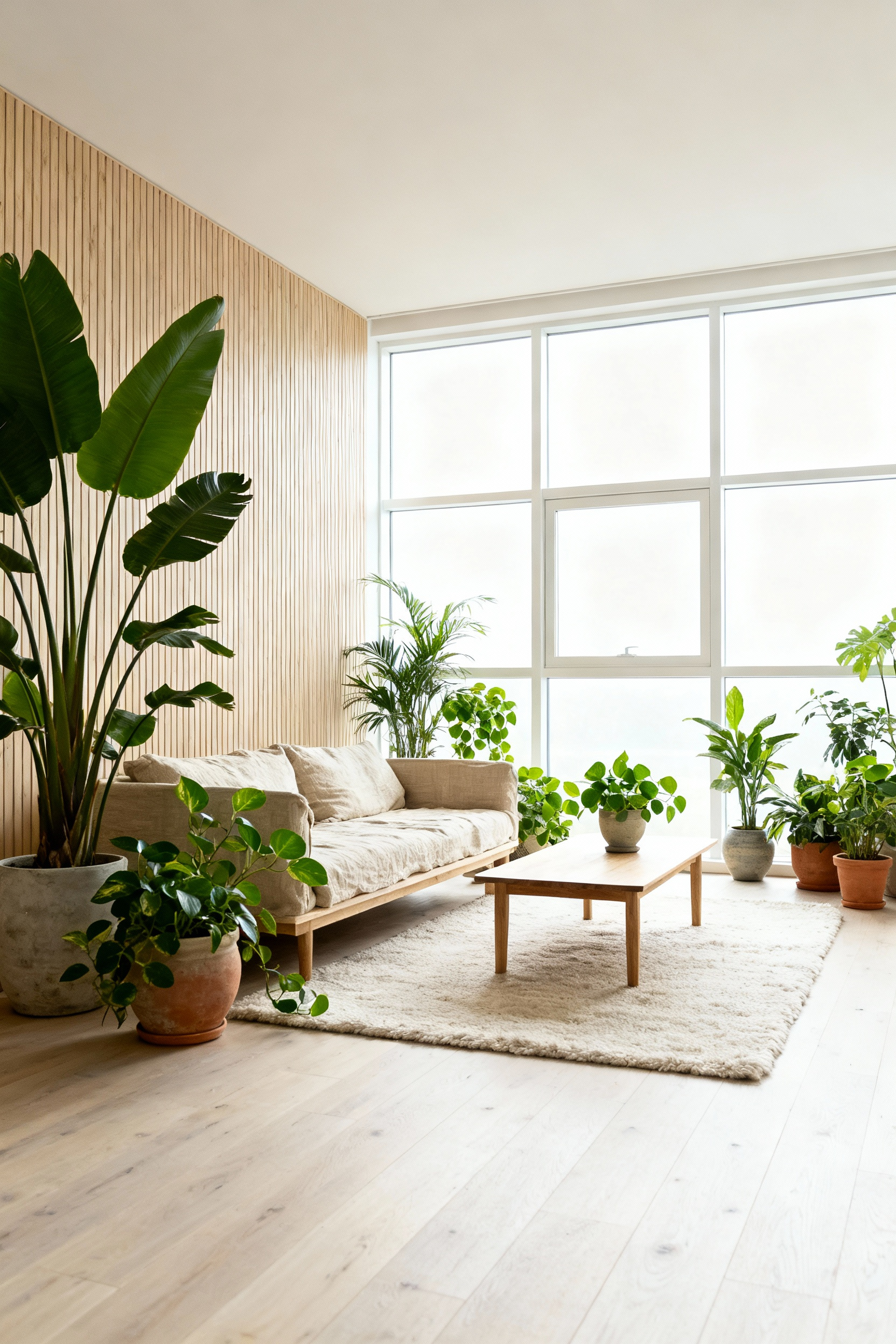 Scandinavian living room with abundant natural light, light wood, linen, and strategically placed green plants, embodying biophilic design principles.