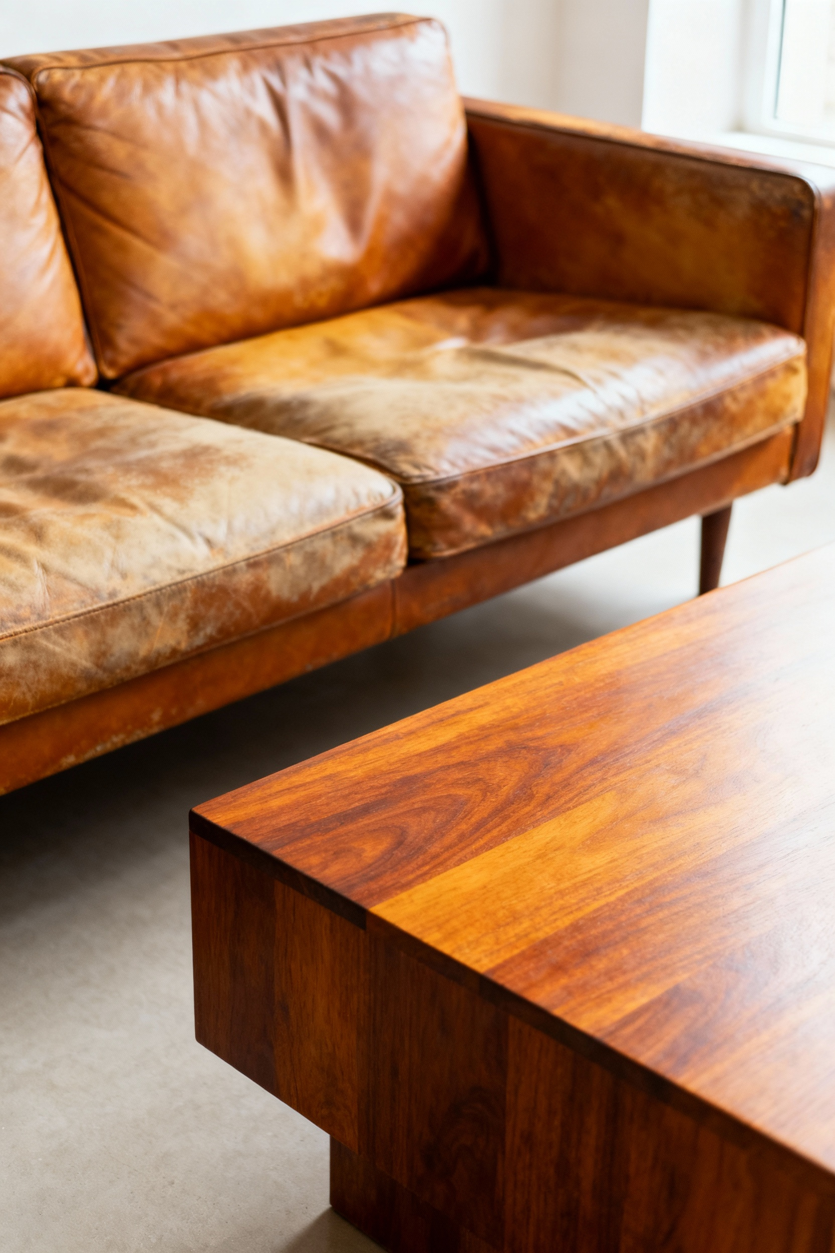 Close-up of a vintage Scandinavian living room with a rich, softened leather sofa and a solid oak coffee table, both showcasing beautiful natural patina from age and use, bathed in warm natural light.