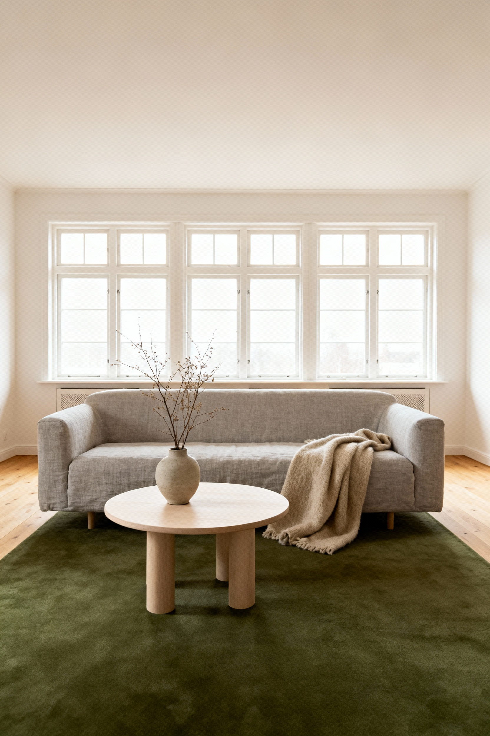 A tranquil Scandinavian living room embodying Lagom's 'just enough' philosophy, featuring a comfortable linen sofa, a simple wooden coffee table, and natural light. The uncluttered space showcases a harmonious balance of form and function with natural materials and an earthy color palette, creating a serene environment.