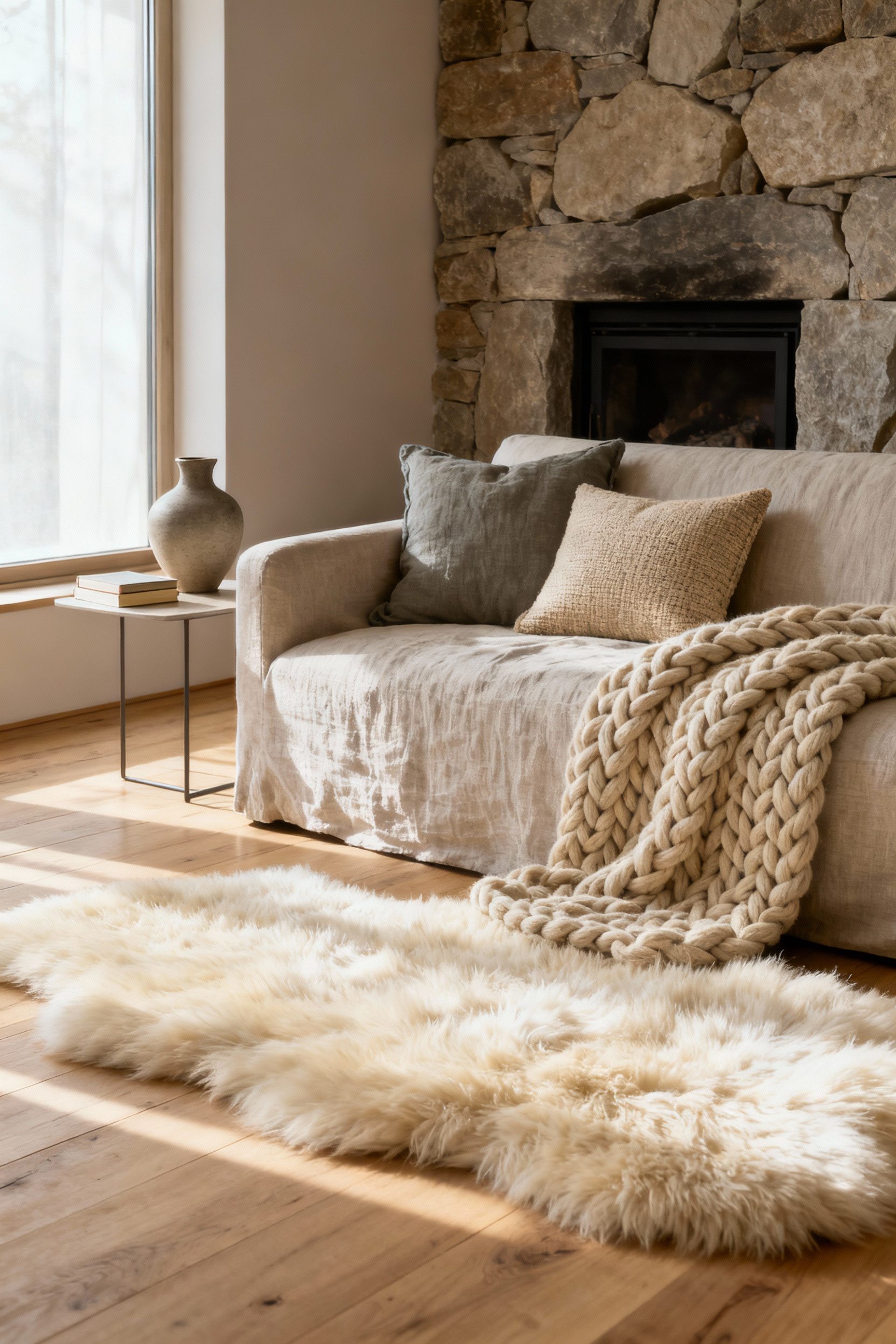 Scandinavian living room with diverse textures, featuring wood floor, sheepskin rug, wool throw, linen cushions, ceramic vase, and natural stone fireplace. A cozy and inviting tactile space.