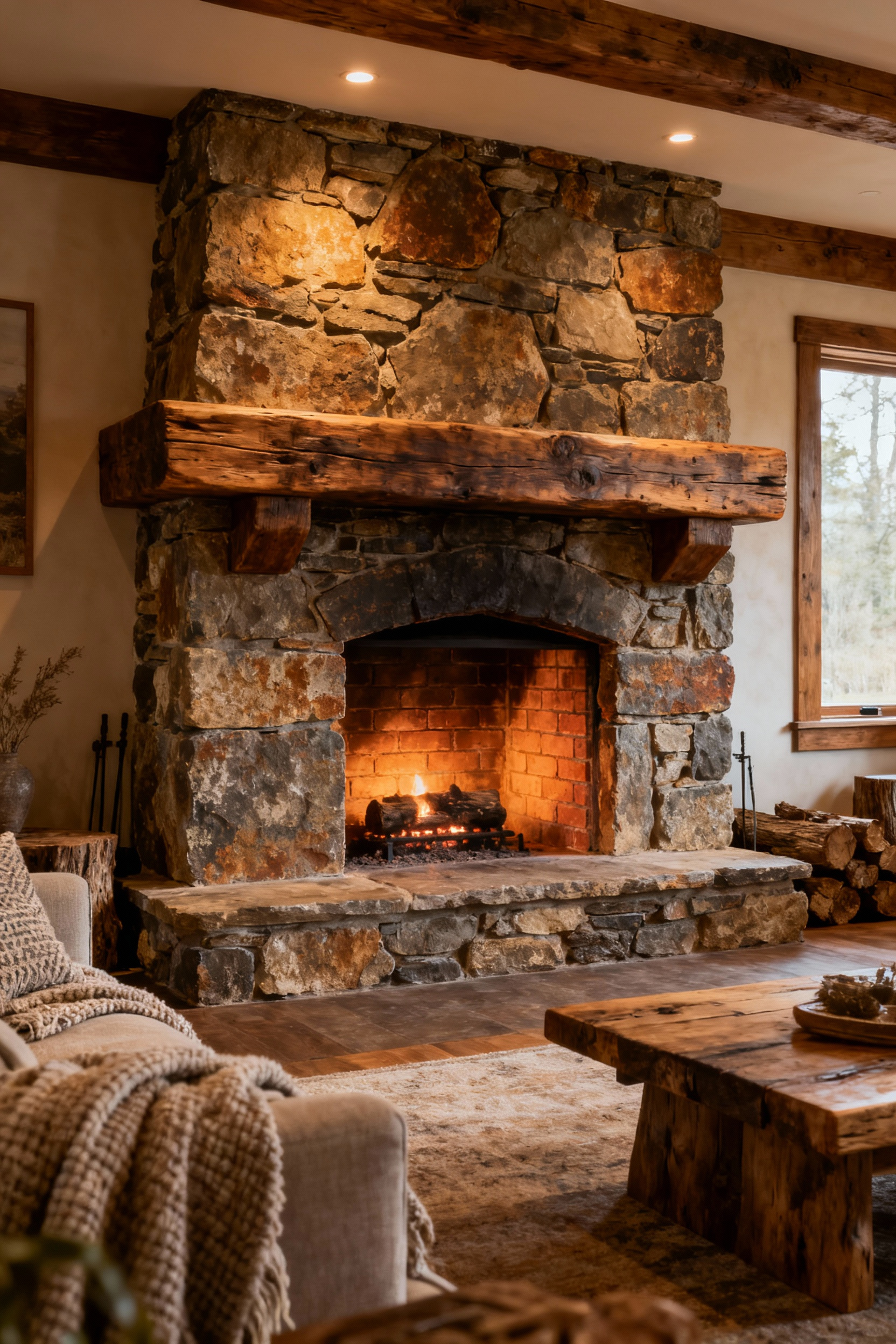 A rustic living room with a grand, central fireplace built from reclaimed stone and featuring a hand-hewn timber mantelpiece, serving as the focal point.