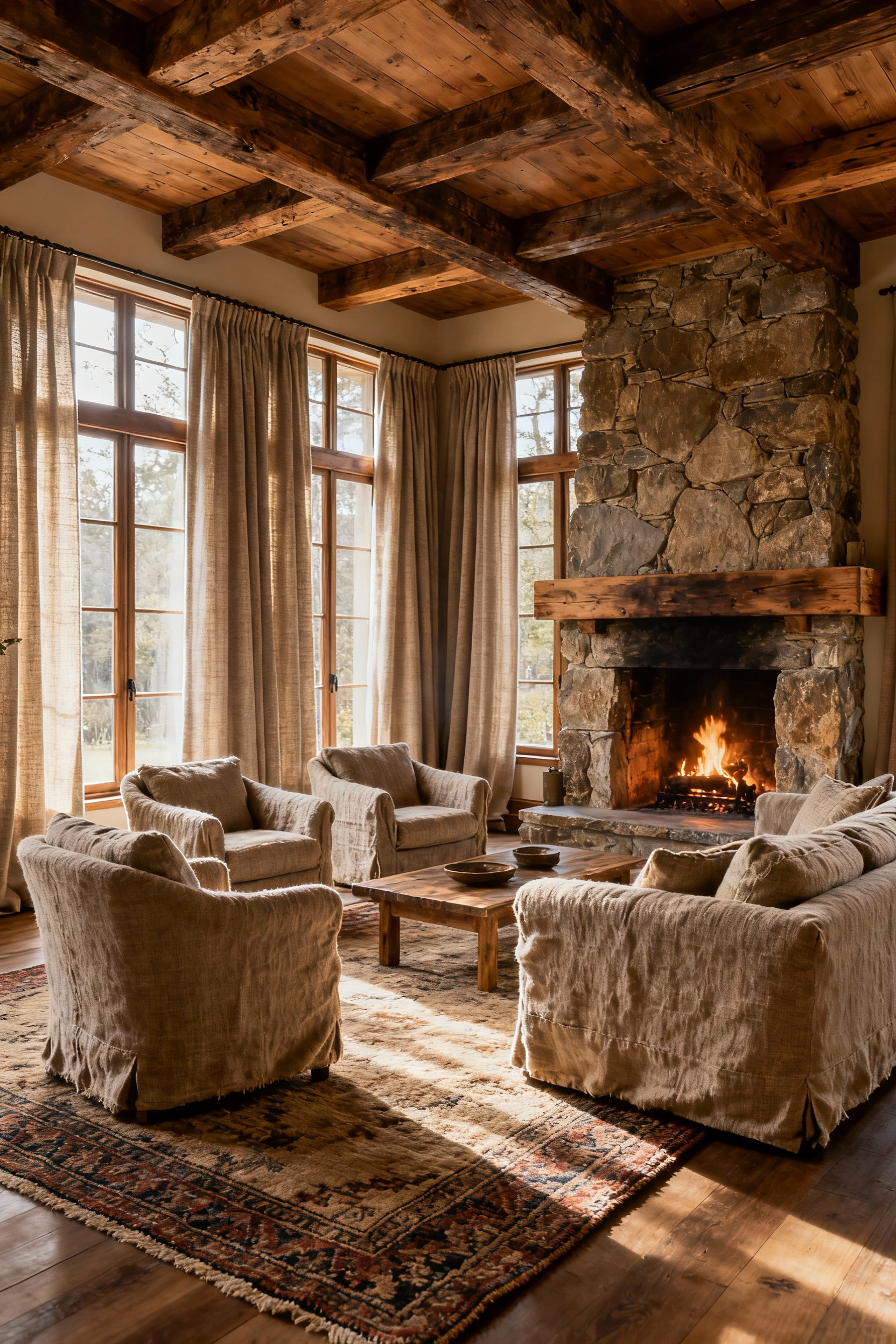 Rustic living room interior showcasing floor-to-ceiling heavy wool drapes and large, deeply upholstered armchairs and a sofa for sound absorption. Features a warm fireplace and wooden beams, highlighting a cozy and acoustically balanced design.