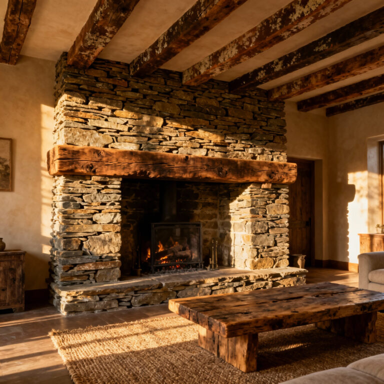 A rustic living room with a large, dry-stack schist stone fireplace and hand-hewn oak beams on the ceiling, emphasizing authentic materials and historical design principles for rustic living room restoration.