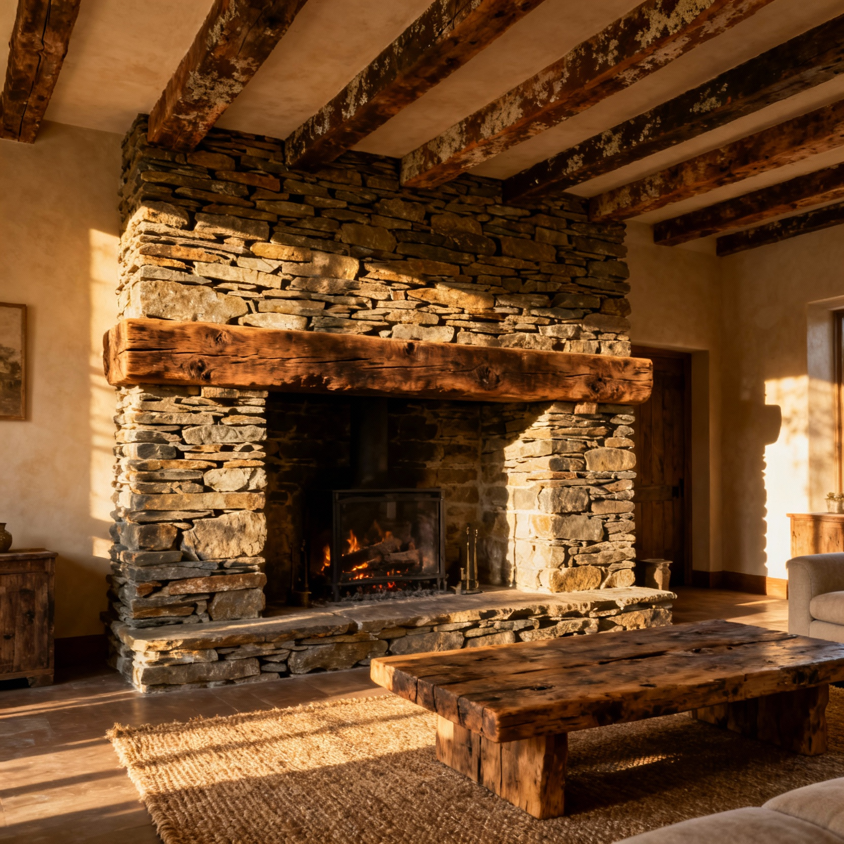 A rustic living room with a large, dry-stack schist stone fireplace and hand-hewn oak beams on the ceiling, emphasizing authentic materials and historical design principles for rustic living room restoration.