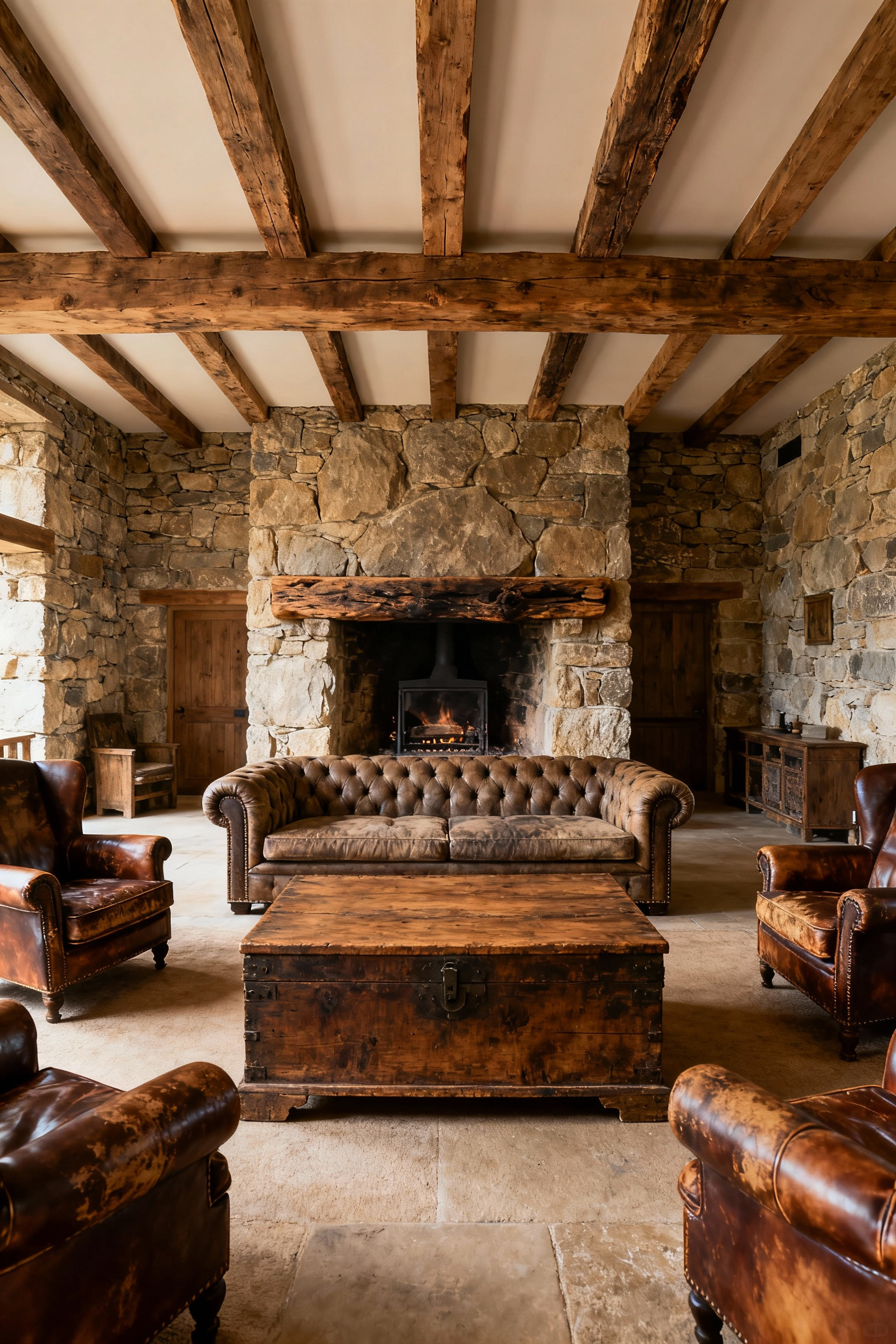 A rustic living room with a large Chesterfield sofa and antique oak coffer strategically placed to define distinct functional zones. Exposed wooden beams and a towering stone fireplace provide a grand backdrop, illustrating effective use of monumental furniture for spatial definition.