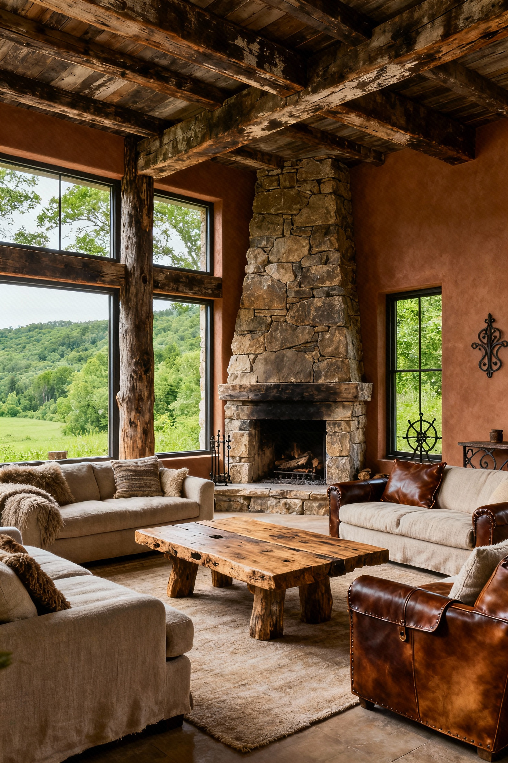 Rustic living room interior demonstrating a symbiotic connection with nature, featuring large windows framing a natural landscape, reclaimed timber beams, a stone fireplace, and organic fabric furniture. Professional photo.