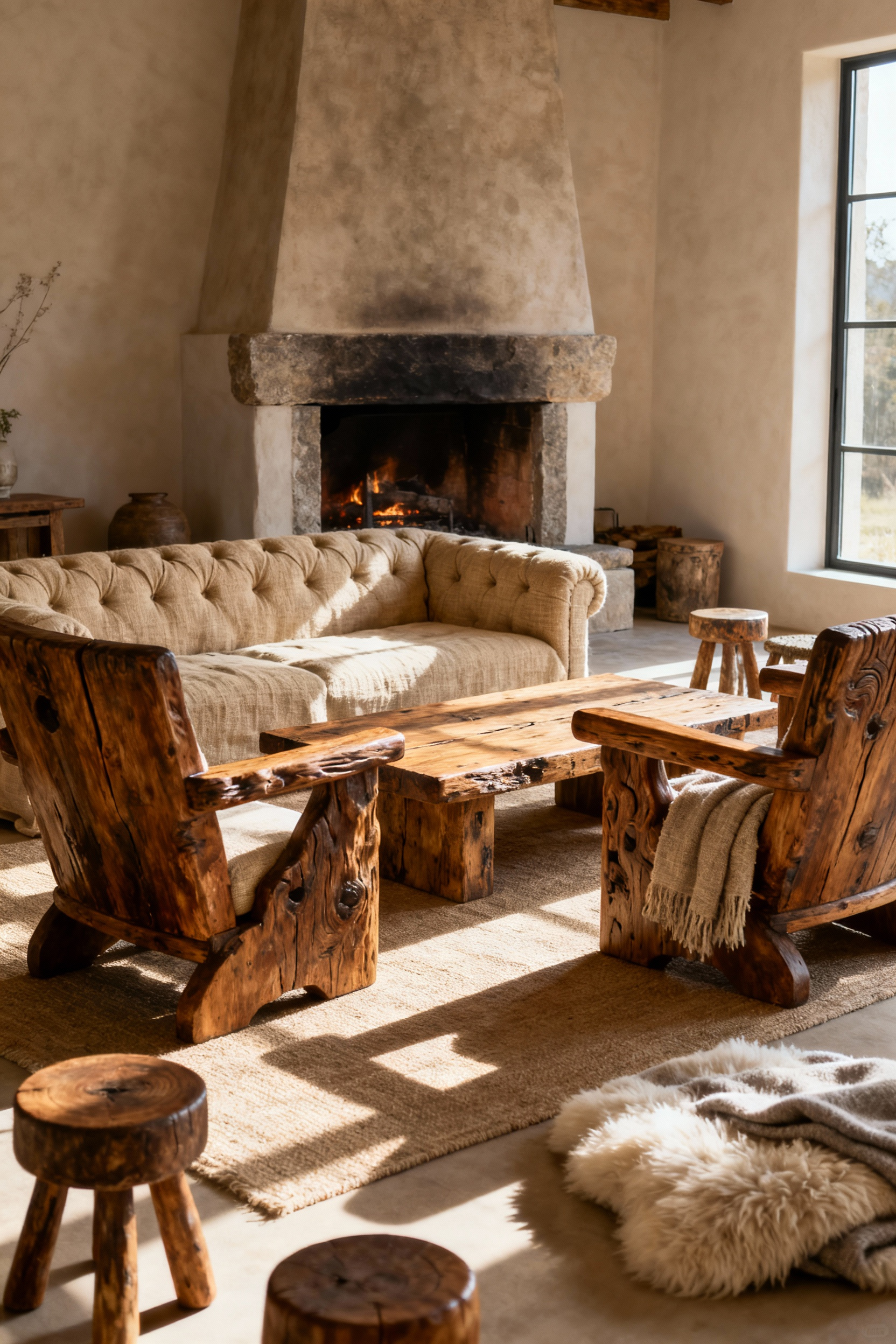 A professional photograph of a rustic living room, showcasing a cozy and intimate seating arrangement around a large timber coffee table and stone hearth. Features a flax linen chesterfield sofa and hand-carved armchairs, all bathed in soft natural light, designed to foster conversation.