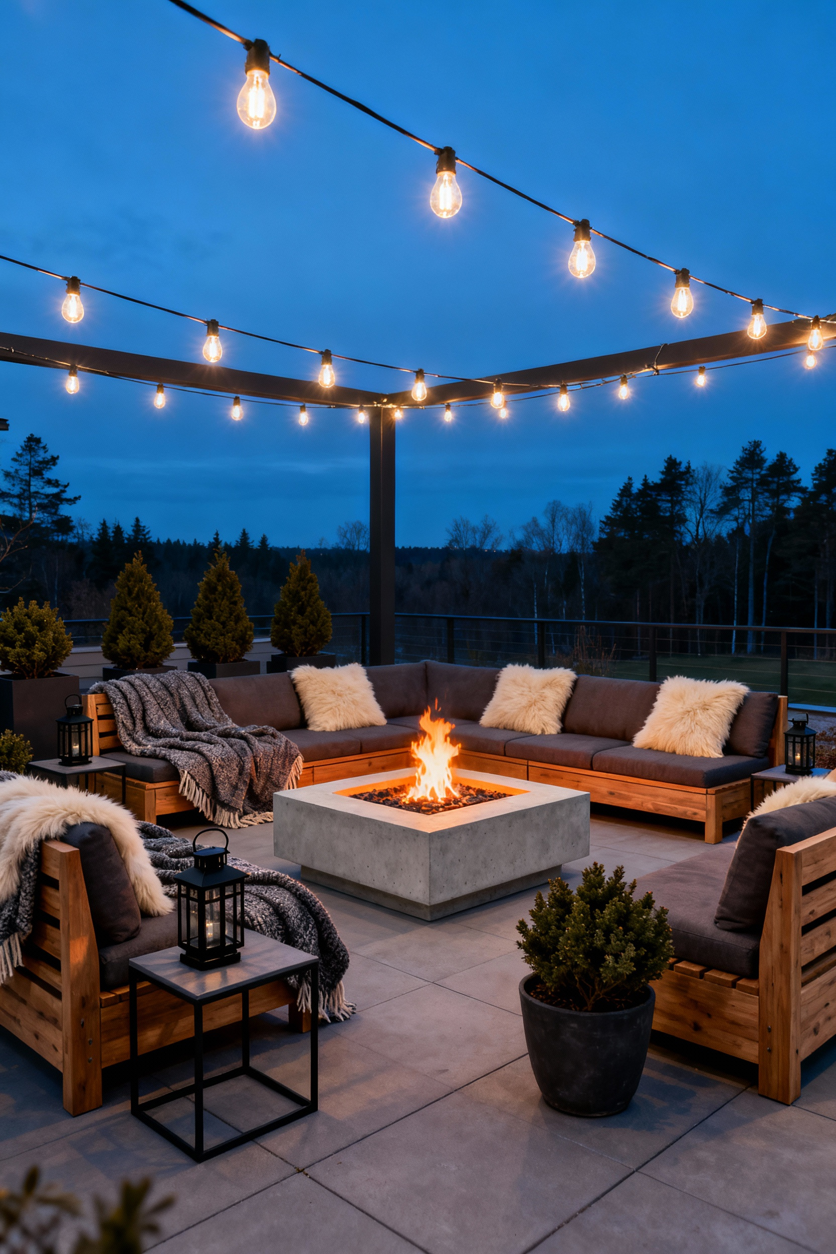 A year-round Scandinavian style patio featuring deep seating layered with cozy wool throws and a glowing concrete fire pit under twilight, embodying the Friluftsliv lifestyle.