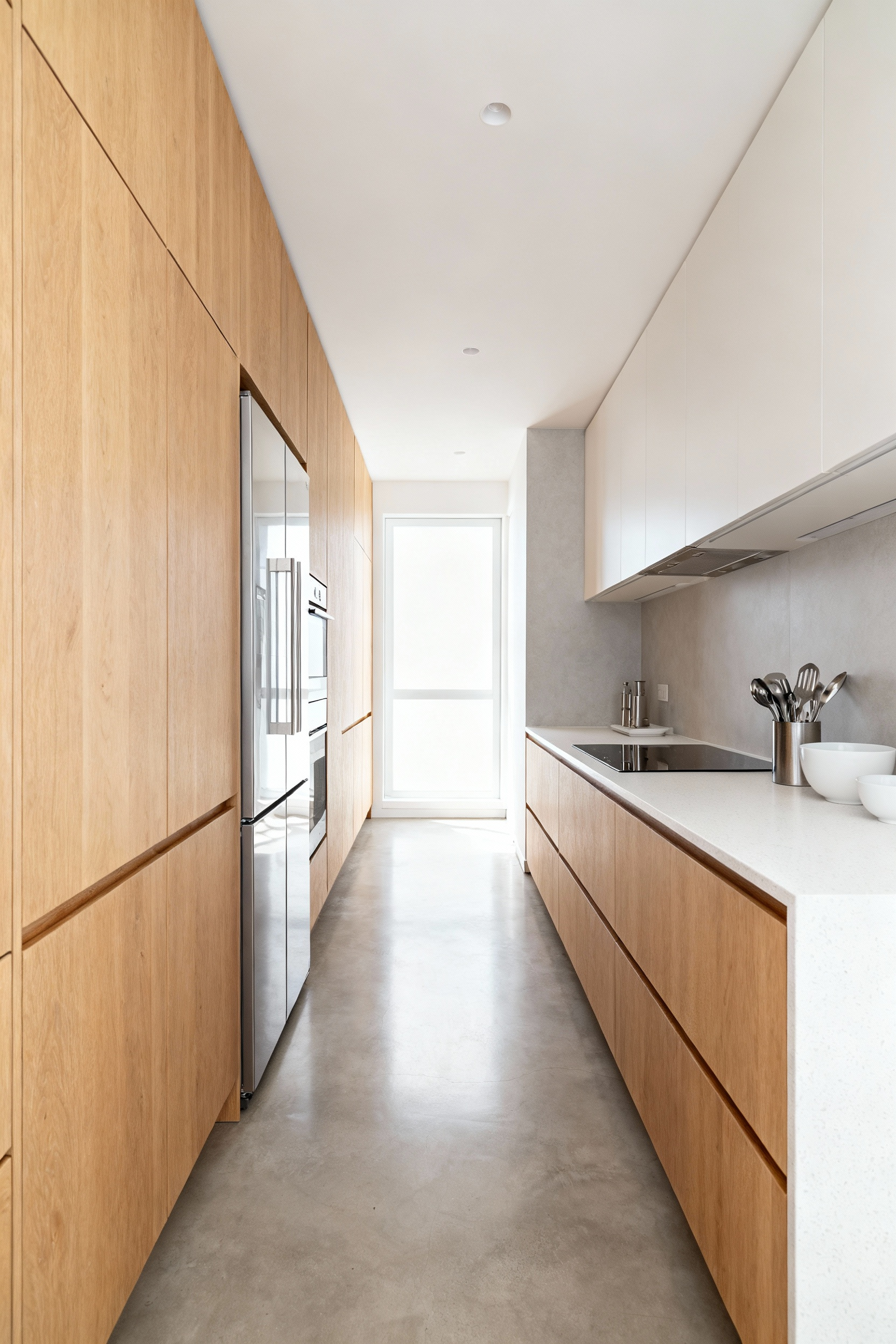A highly efficient, narrow Scandinavian galley kitchen featuring light birch cabinetry and minimalist white countertops, showcasing a linear zonal design optimized for spatial flow in a small home.