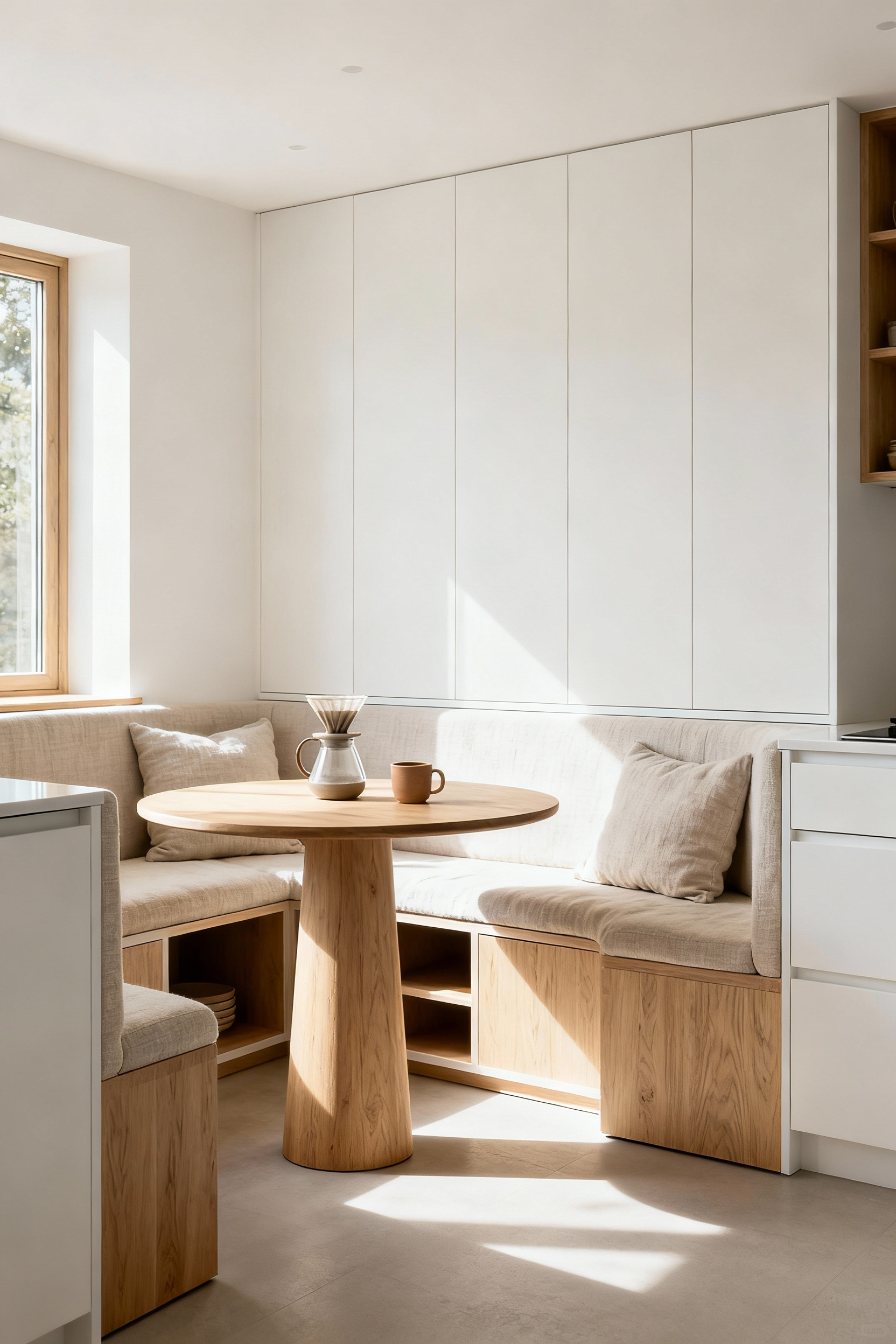 A pristine Scandinavian kitchen breakfast nook featuring an L-shaped built-in banquette with hidden storage, plush natural linen upholstery, and a minimalist oak pedestal table.