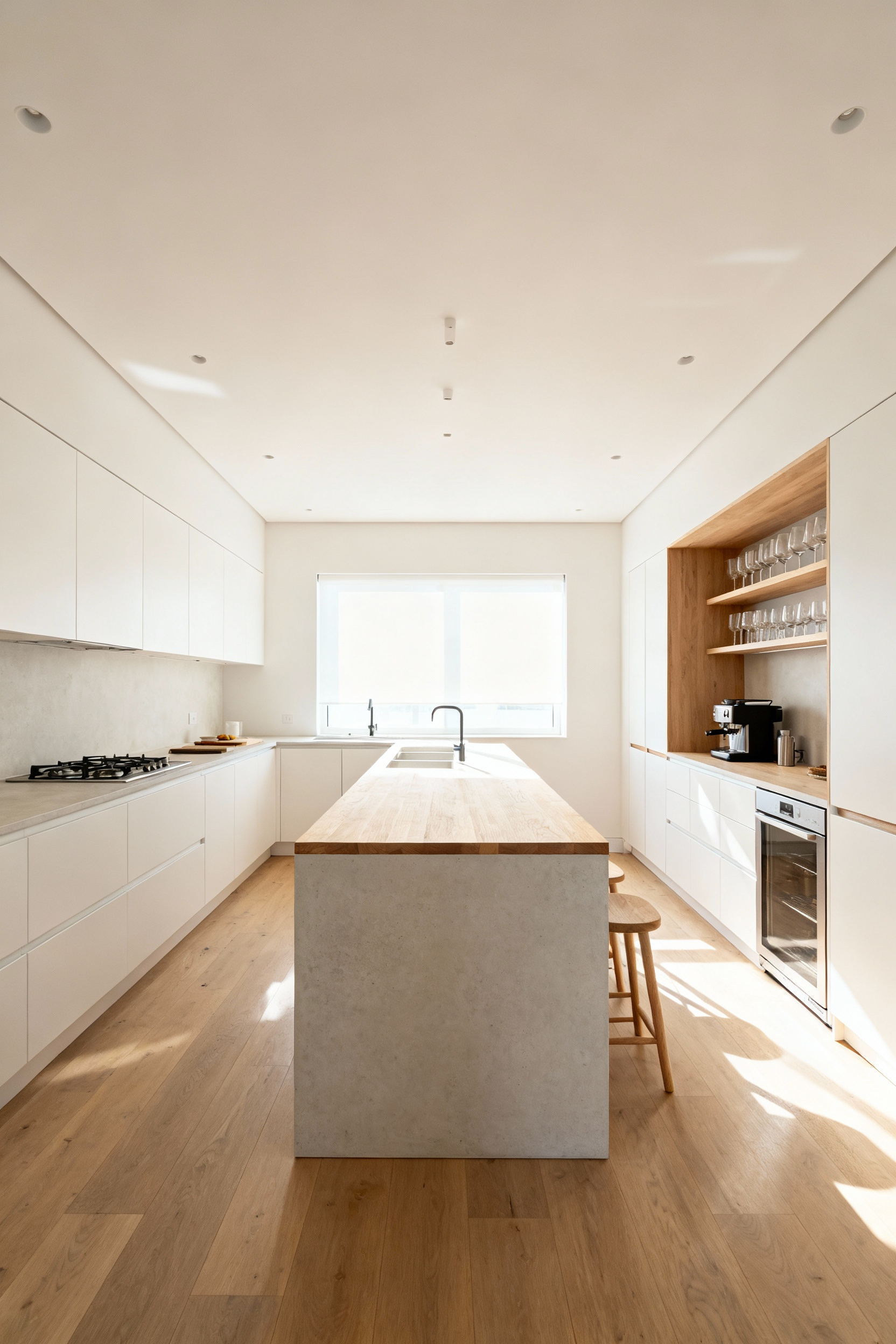 A modern Scandinavian kitchen featuring ergonomic zoning, clearly separating the central cooking area with the island boundary from the dedicated self-serve beverage station in a low-traffic corner.