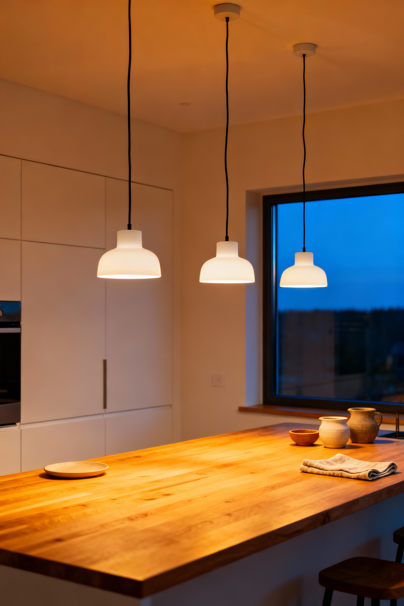 A warm, hygge-inspired Scandinavian kitchen featuring minimalist pendant kitchen light fixtures emitting a soft, golden 2700 Kelvin ambient light over a wooden island at twilight.