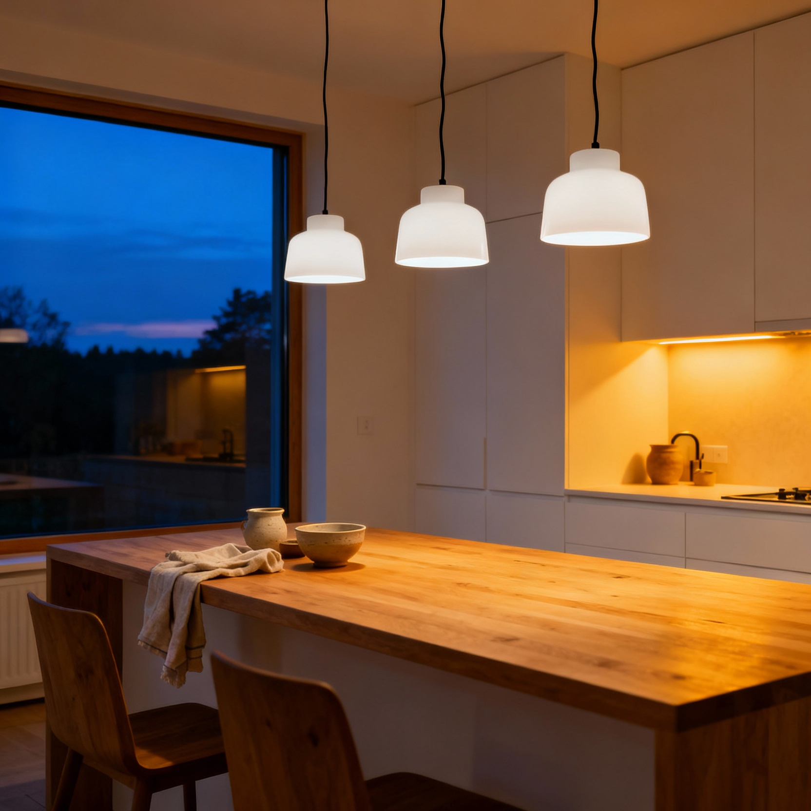 A warm, hygge-inspired Scandinavian kitchen featuring minimalist pendant kitchen light fixtures emitting a soft, golden 2700 Kelvin ambient light over a wooden island at twilight.