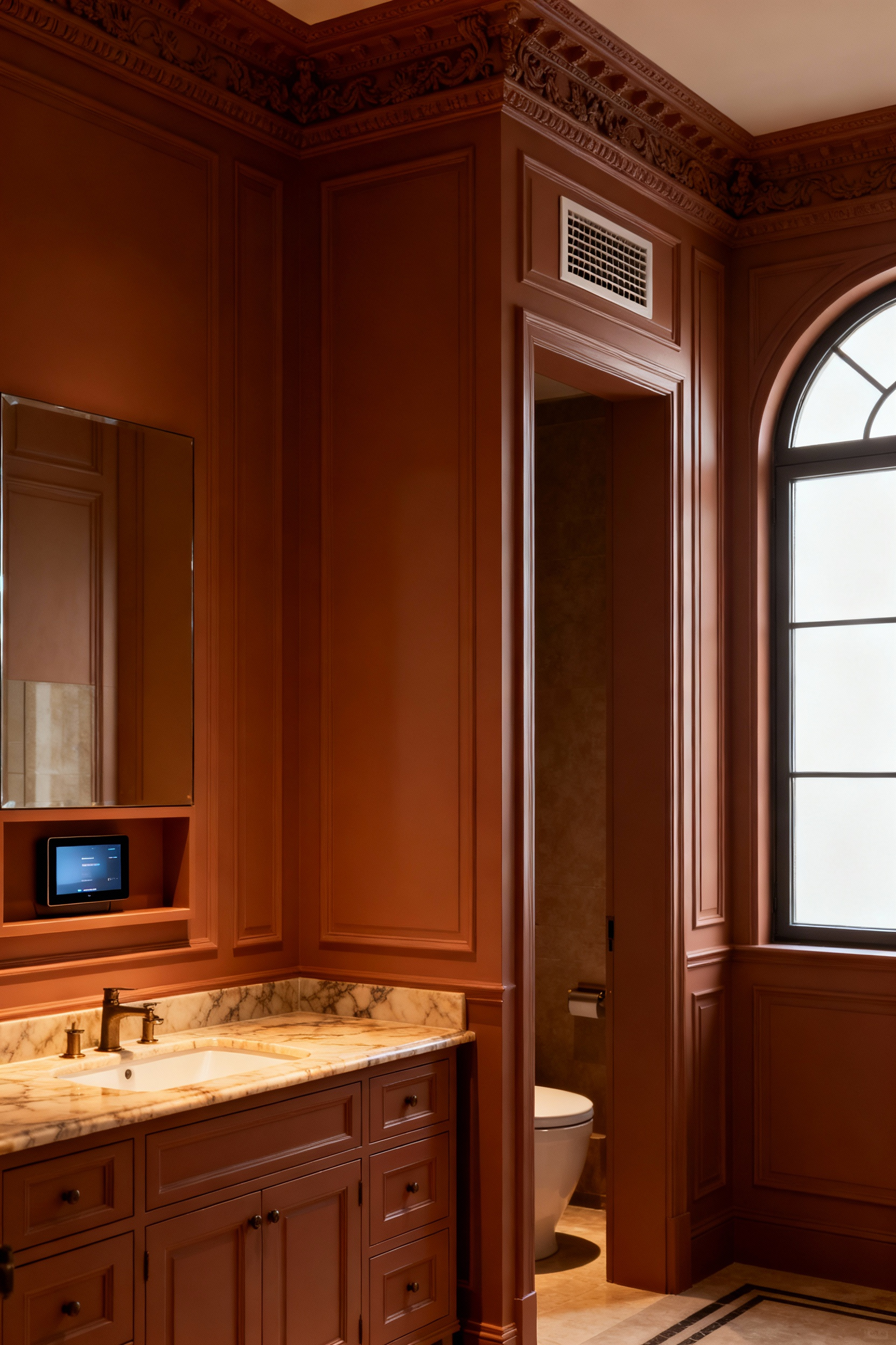 A historically-inspired bathroom featuring elegant custom millwork that cleverly conceals modern amenities like a smart mirror and ventilation, maintaining a classic, uncluttered aesthetic.