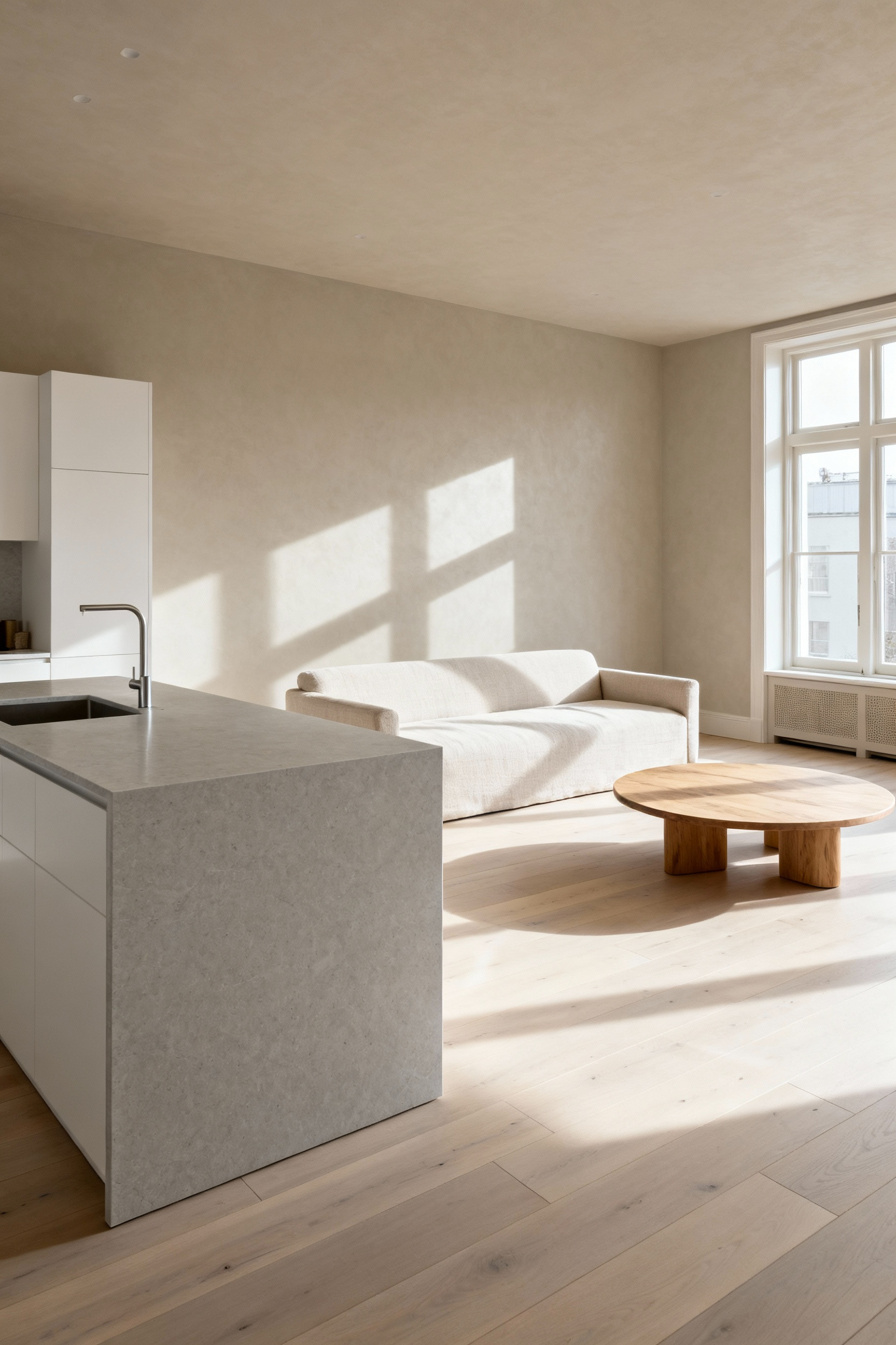A bright, open-concept Scandinavian kitchen transitioning seamlessly into a living room, highlighting the continuous pale engineered white oak flooring that unifies both zones.