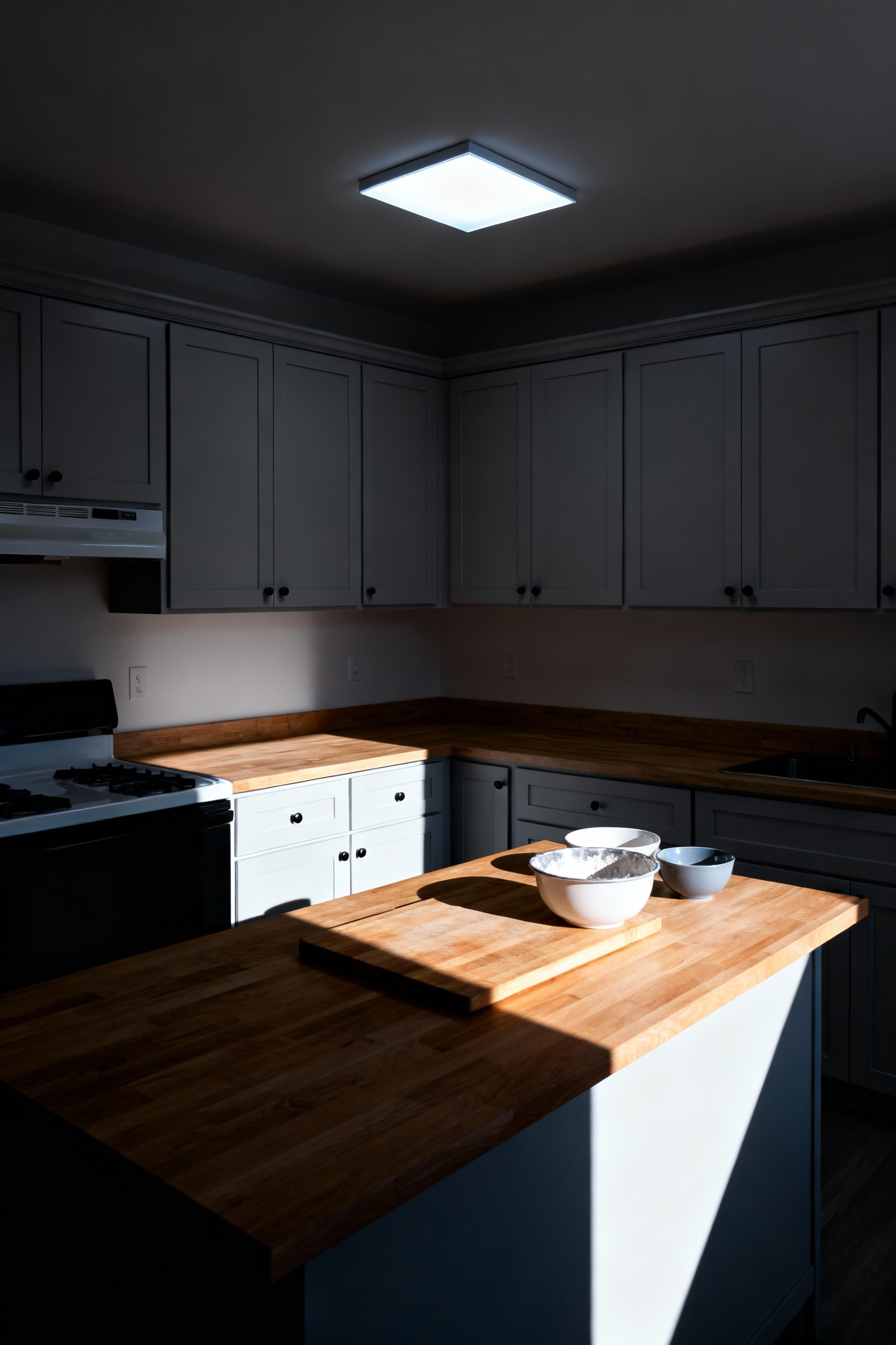 A small kitchen interior illuminated solely by a harsh central overhead light, casting severe, deep shadows across the countertop and task area, demonstrating the problem of poor single-source task lighting.