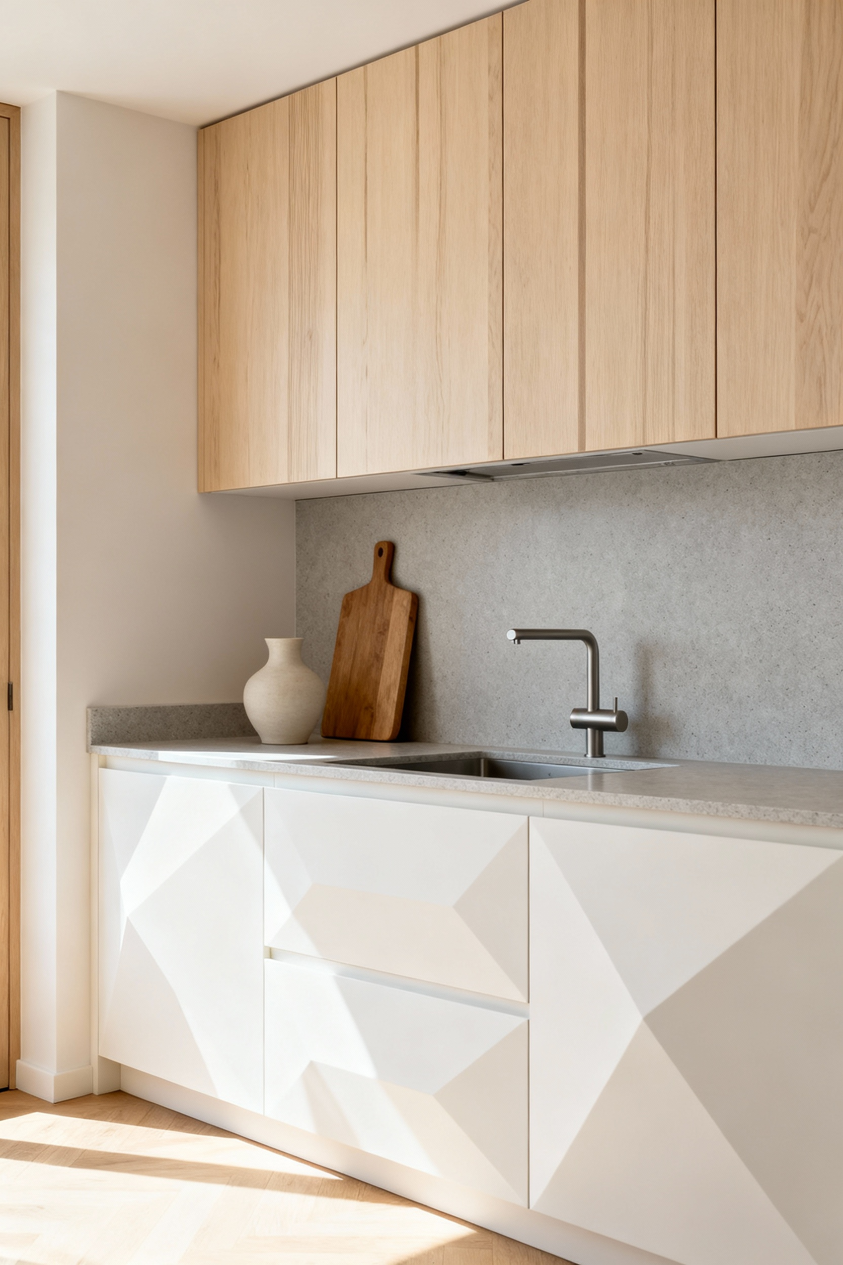 A minimalist small kitchen featuring blonde maple wood upper cabinets contrasting against matte white base cabinets, illustrating the concept of warm minimalism in compact Scandinavian design.