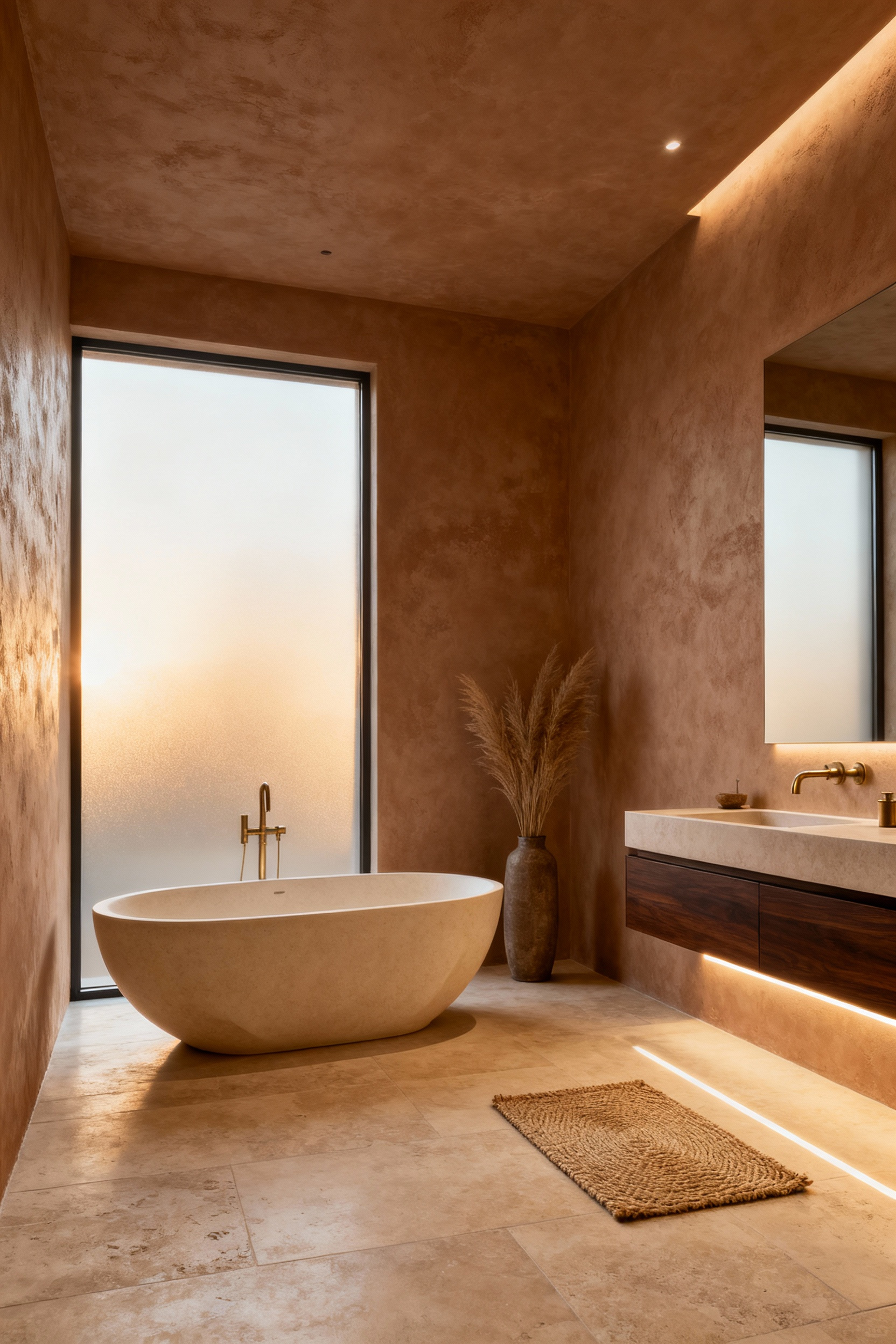 Luxurious master bathroom designed using the soft stone palette featuring clay stucco walls, sand limestone floor, and a creamy oat soaking tub for a restorative, spa-like feel.