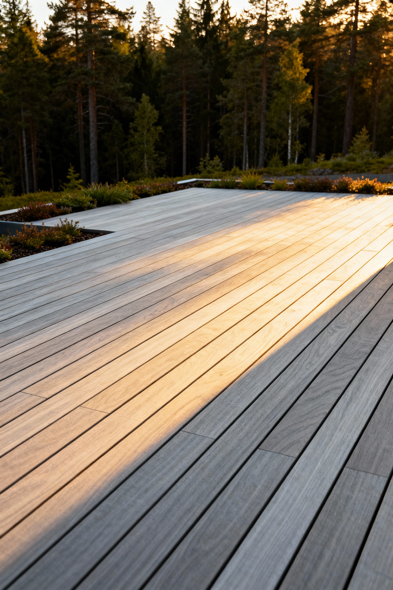 A modern patio deck made from durable, silver-aged Accoya wood planks, showcasing sustainable timber selection and high-end Nordic design adjacent to a temperate forest environment.