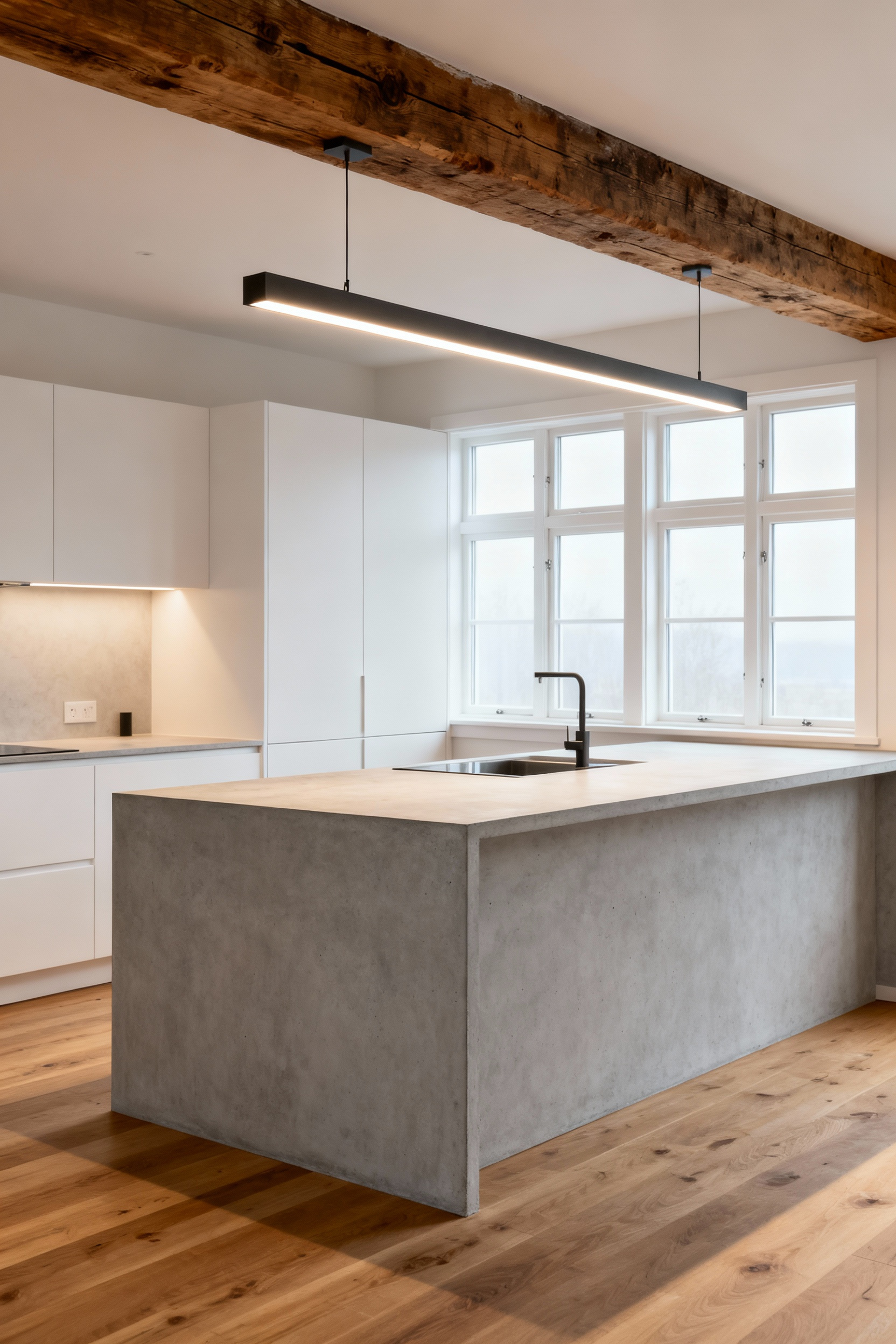 Sustainable kitchen pendant light made from reclaimed oak and recycled aluminum above a concrete island in a minimalist Nordic home.