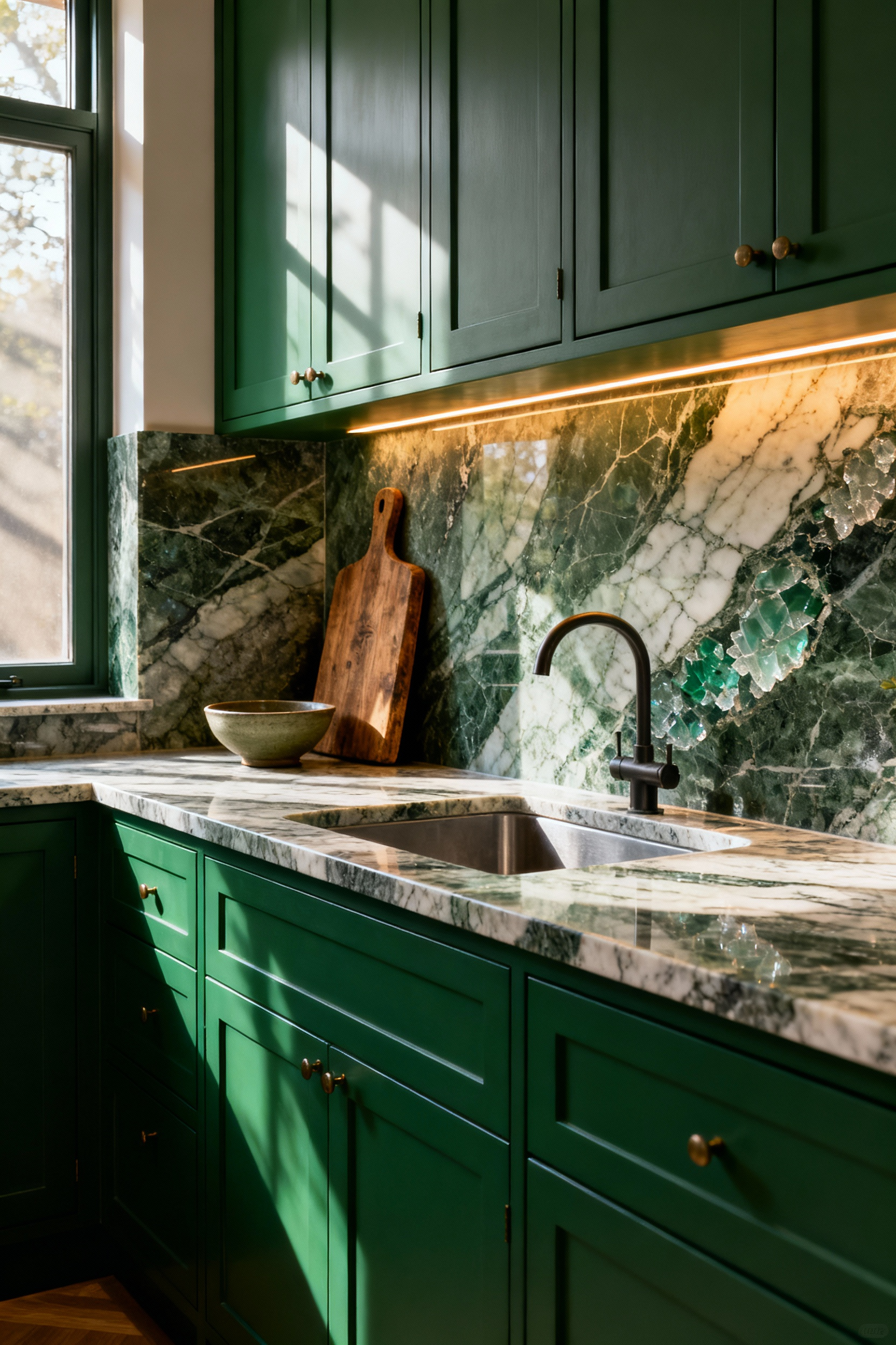 Small galley kitchen featuring durable, richly veined natural quartzite countertops and deep green sustainable cabinetry, illustrating longevity in stone material selection.