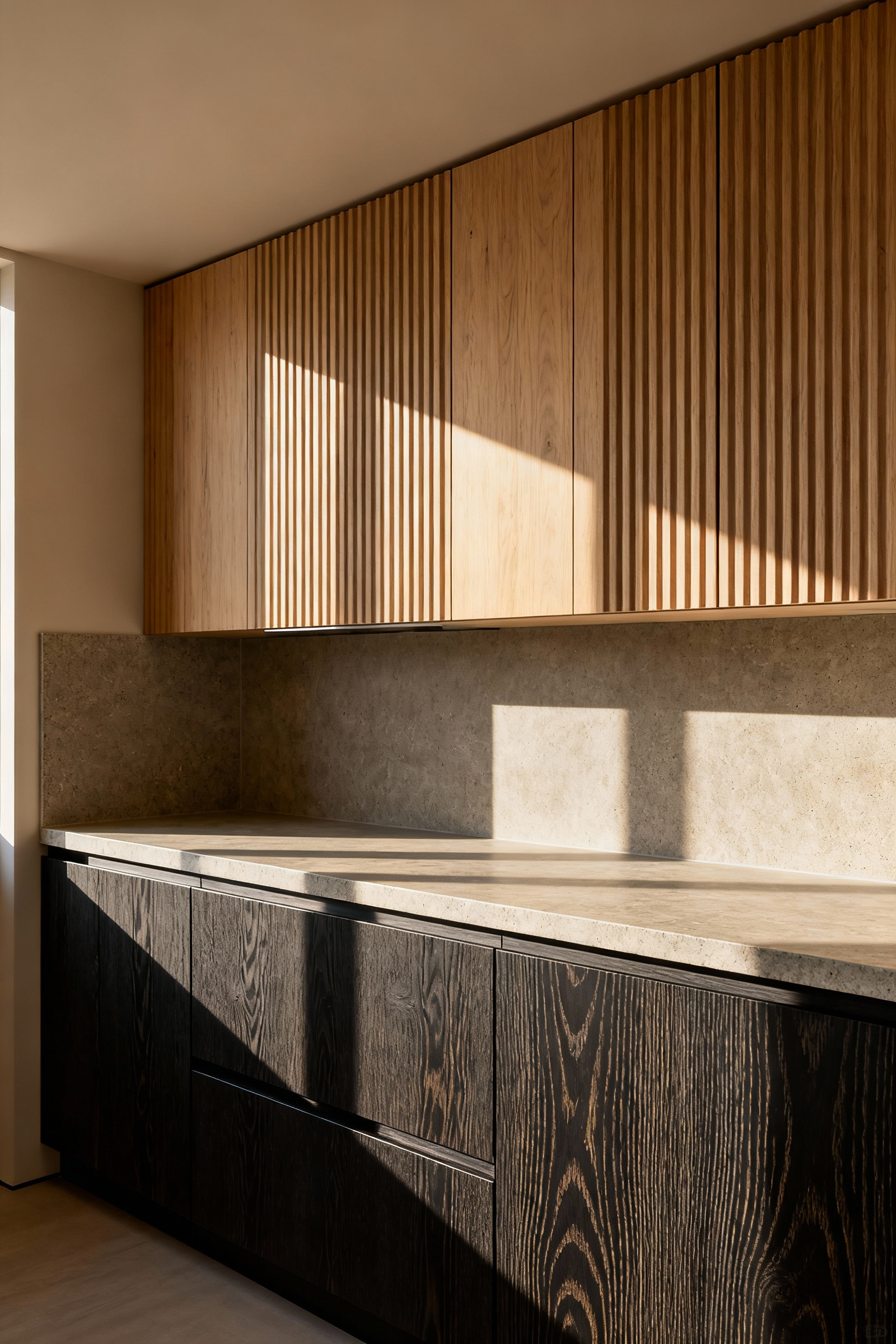 A photograph of a small modern kitchen featuring highly tactile materials, including fluted light oak upper cabinetry and dark, wire-brushed timber lower cabinets, demonstrating how texture creates depth and warmth in tight quarters.