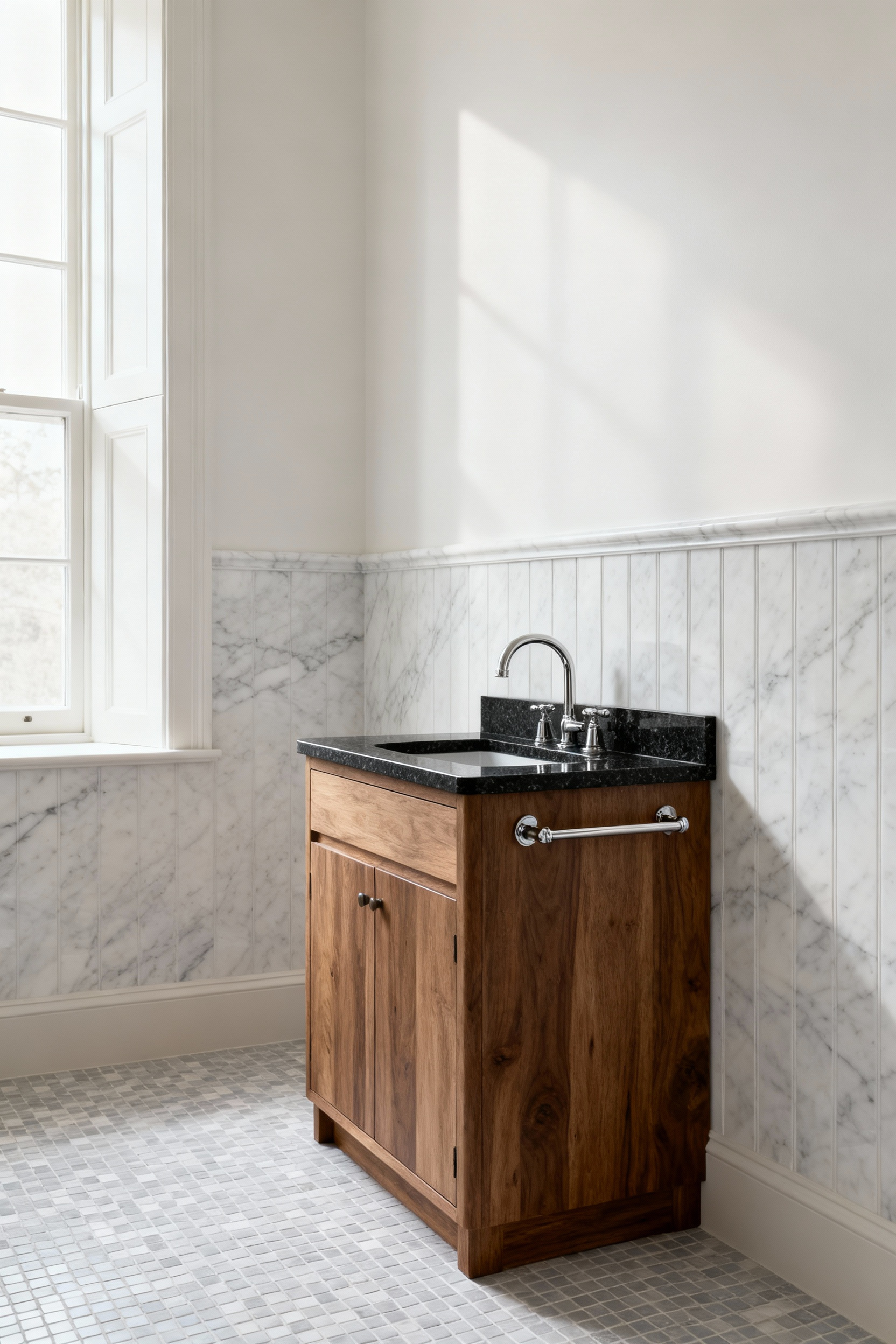 A luxurious bathroom interior featuring a restrained color palette of white, soft grey, and natural stone, with subtle tonal variations, elegant polished nickel fixtures, and rich textures, embodying timeless sophistication.