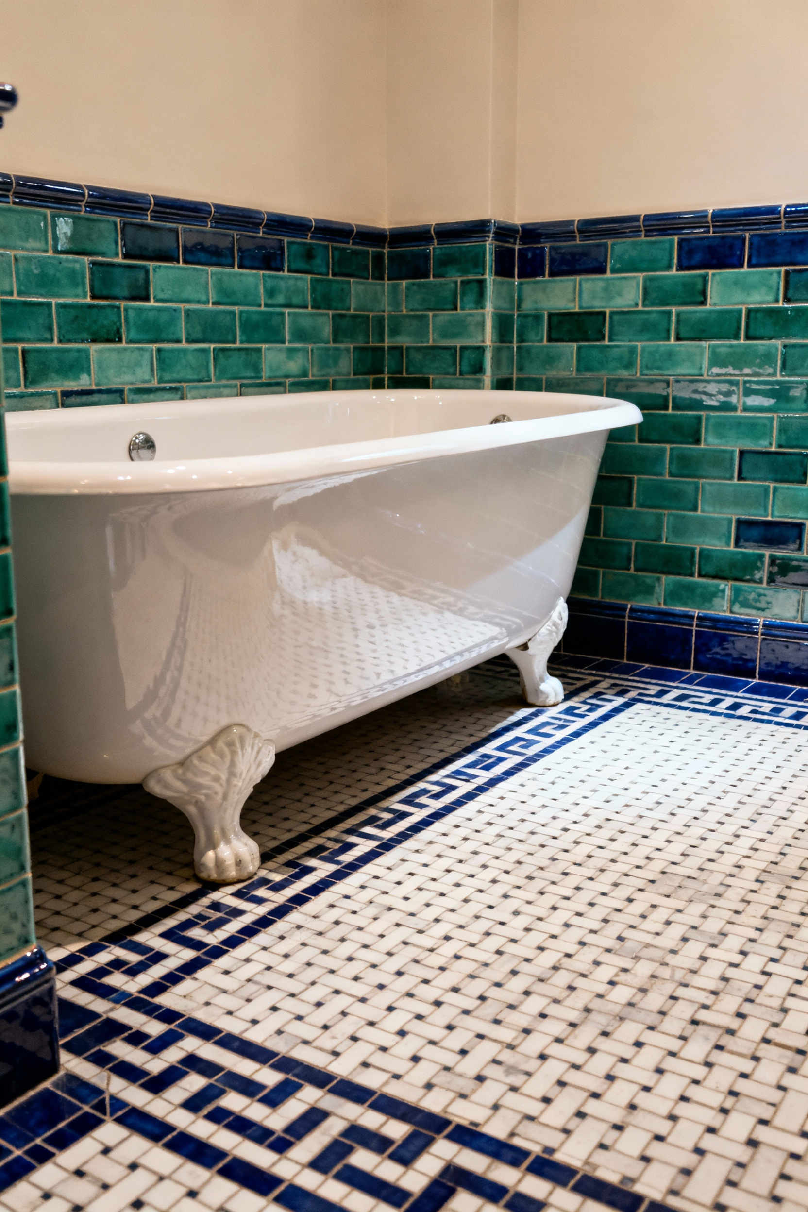 A sophisticated bathroom featuring a geometric traditional ceramic tile floor in white and indigo, paired with hand-glazed emerald green subway tiles on the lower walls, highlighting classic design and artisanal craftsmanship.