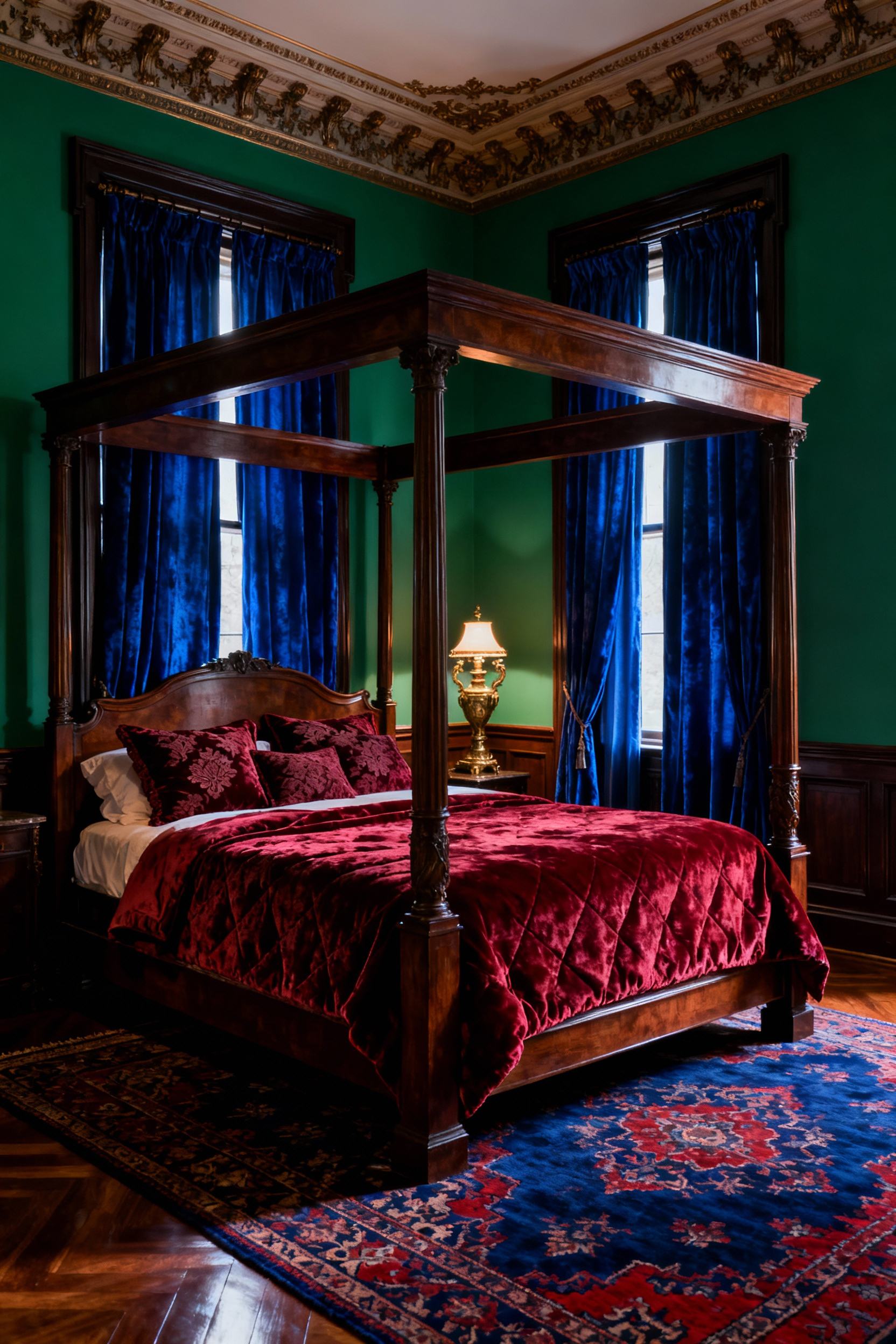 A moody, opulent Victorian bedroom featuring walls painted deep emerald green and luxurious bedding in crimson and burgundy jewel tones.