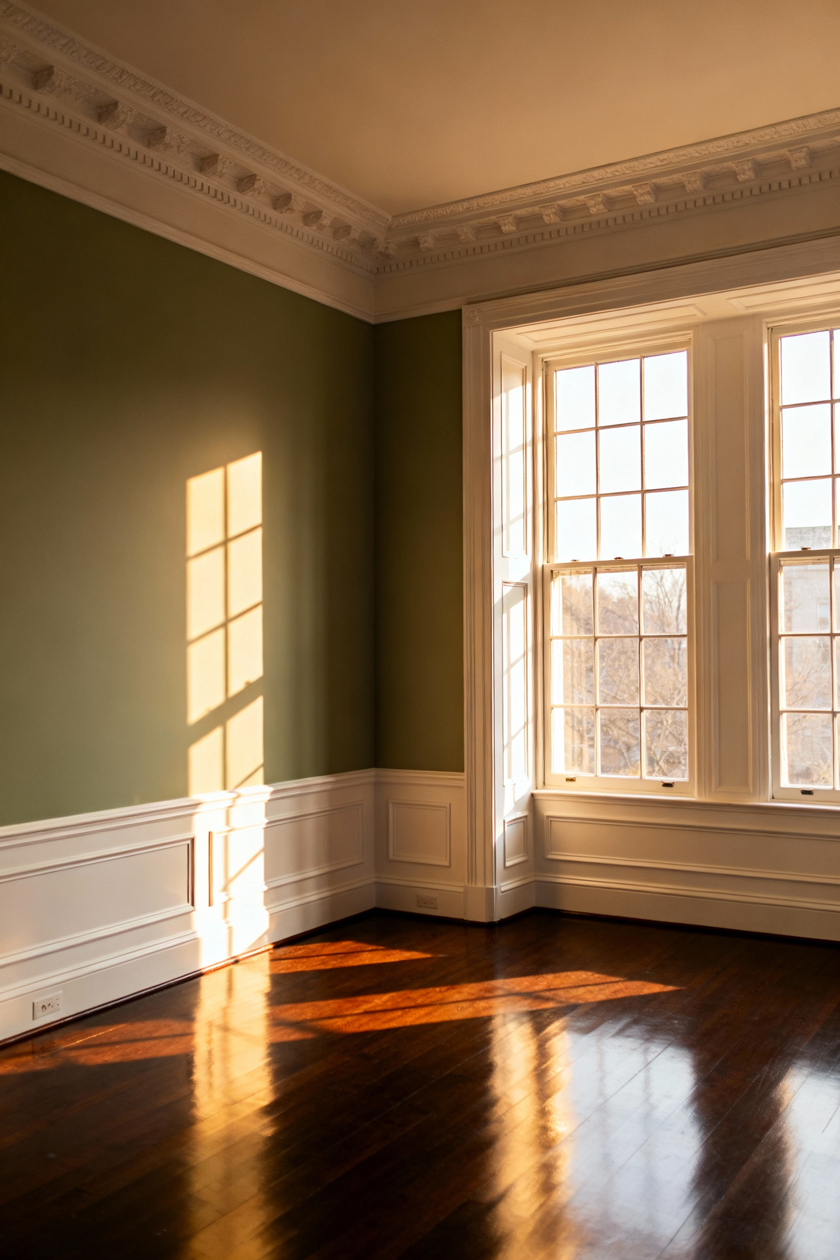 A photograph of an empty, beautifully restored vintage bedroom showing intricate white architectural millwork, crown molding, and wainscoting under warm sunlight, emphasizing the historical shell.