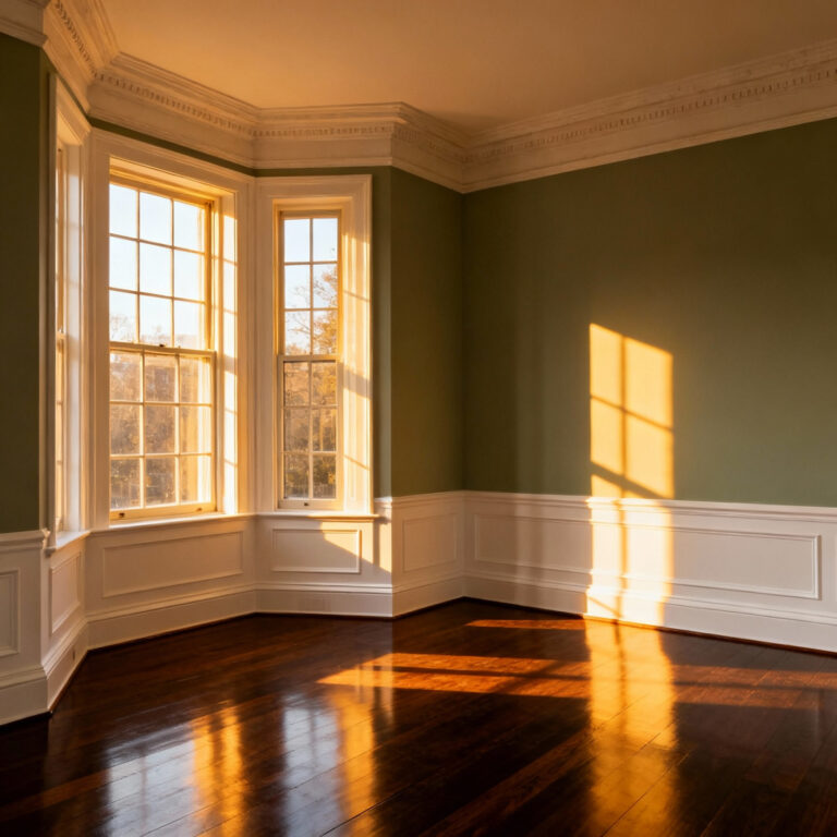 A photograph of an empty, beautifully restored vintage bedroom showing intricate white architectural millwork, crown molding, and wainscoting under warm sunlight, emphasizing the historical shell.