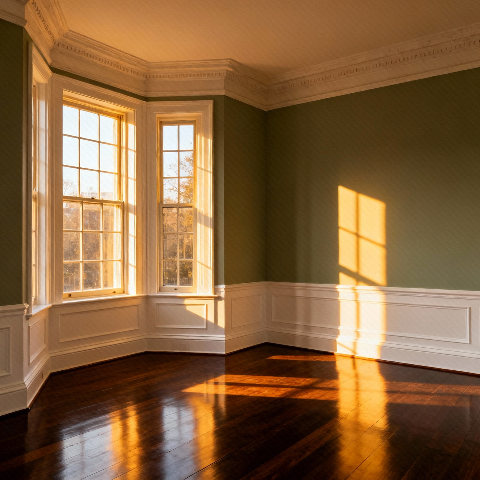 A photograph of an empty, beautifully restored vintage bedroom showing intricate white architectural millwork, crown molding, and wainscoting under warm sunlight, emphasizing the historical shell.