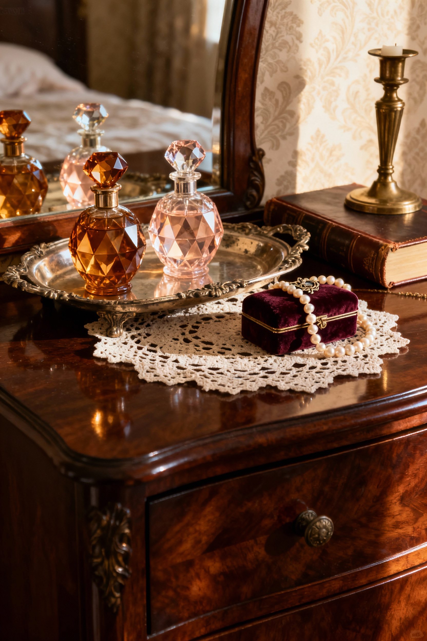 A vintage mahogany dresser styled with a reflective silver vanity tray holding antique cut-glass perfume decanters, illuminated by warm golden hour light in a curated bedroom setting.