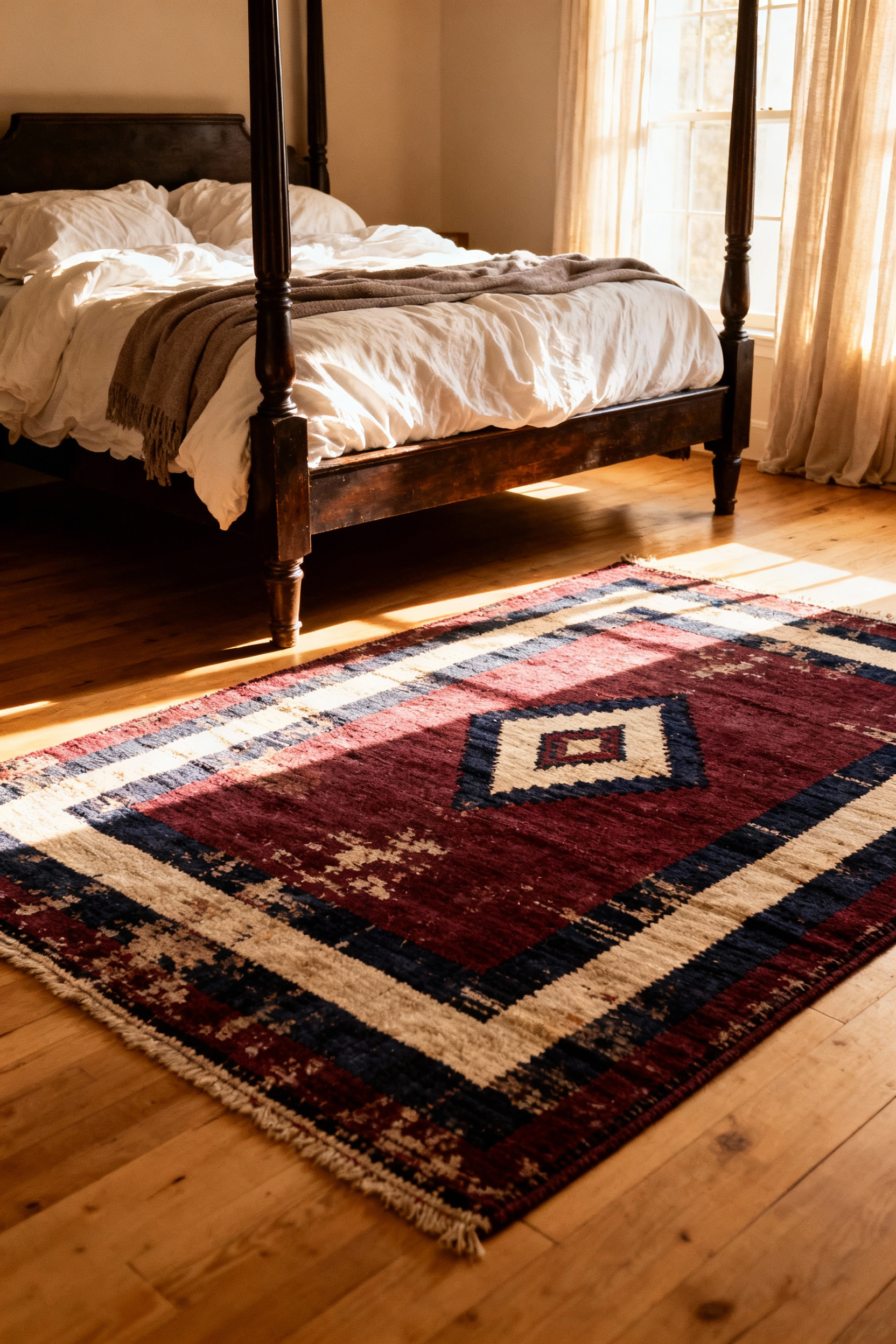 Distressed Persian Heriz rug with geometric patterns grounding a vintage aesthetic bedroom featuring soft linen bedding and natural light.