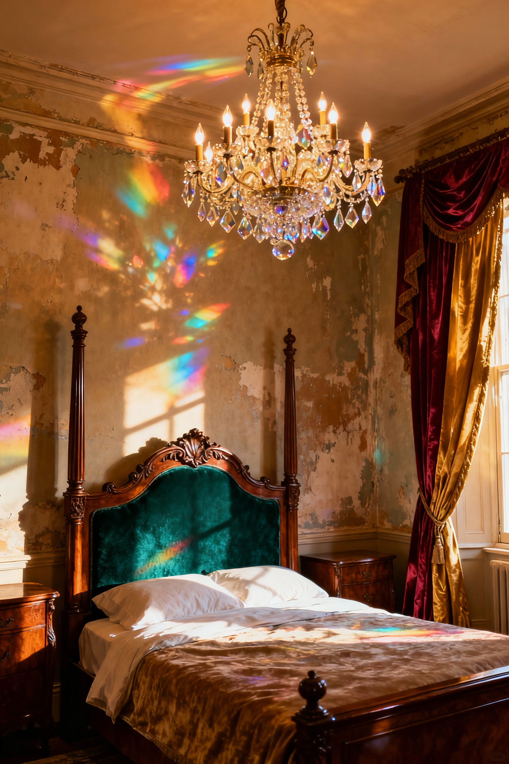 A detailed view of a vintage, luxurious bedroom featuring an elaborate, illuminated Maria Theresa crystal chandelier casting prismatic light across the emerald velvet bedding and distressed walls.