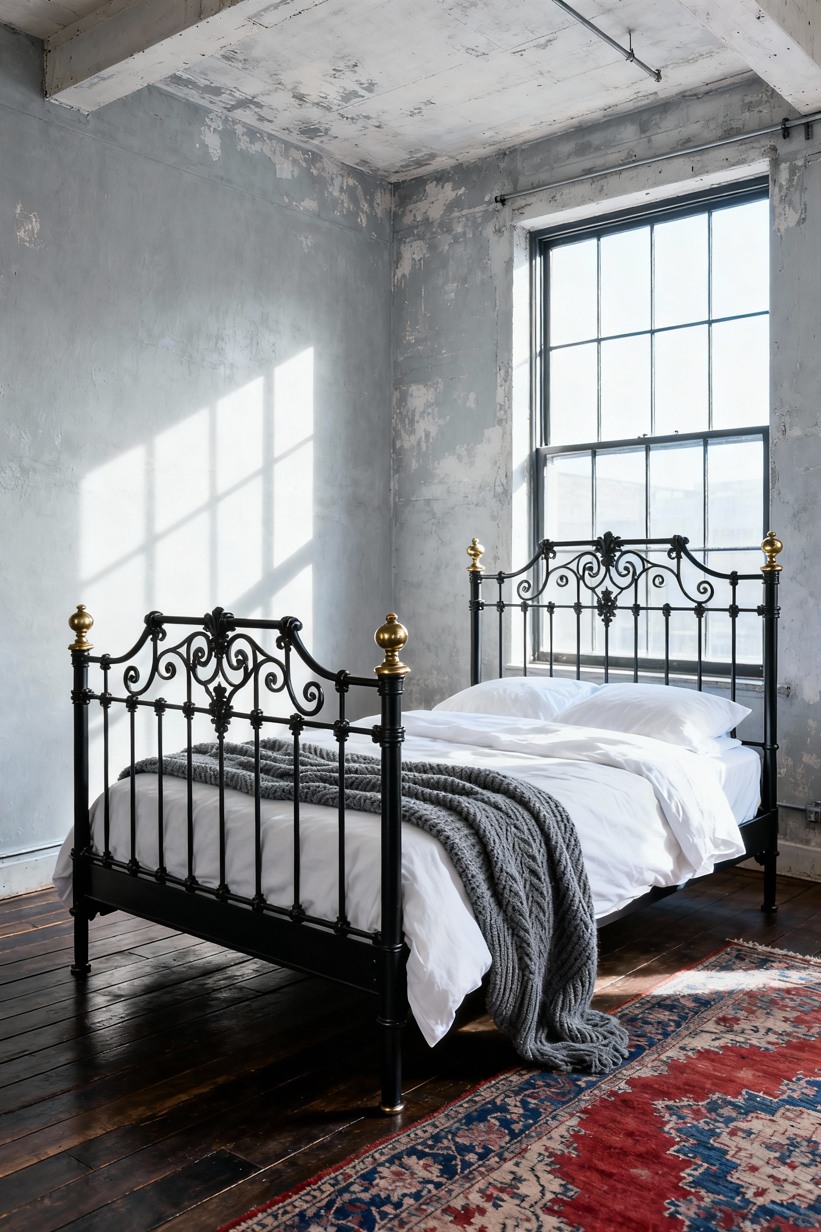 A detailed, high-resolution photo of a black Victorian iron bedstead with intricate scrollwork and brass accents, set in a vintage industrial bedroom featuring white linen bedding and natural daylight.