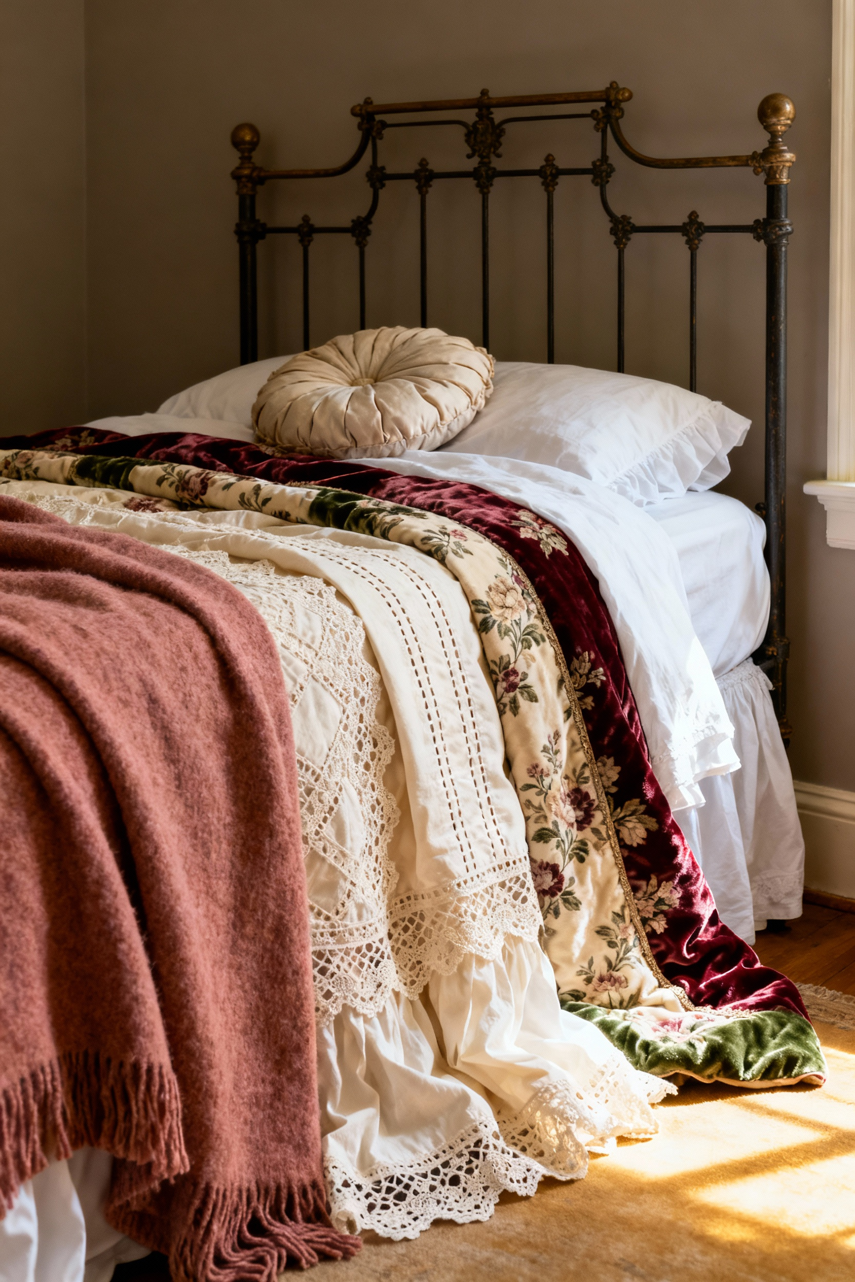 A high, vintage layered bed showing "textile stratigraphy" with multiple hand-stitched quilts, lace coverlets, and linens stacked in a high-density vertical arrangement in a sunlit antique bedroom.