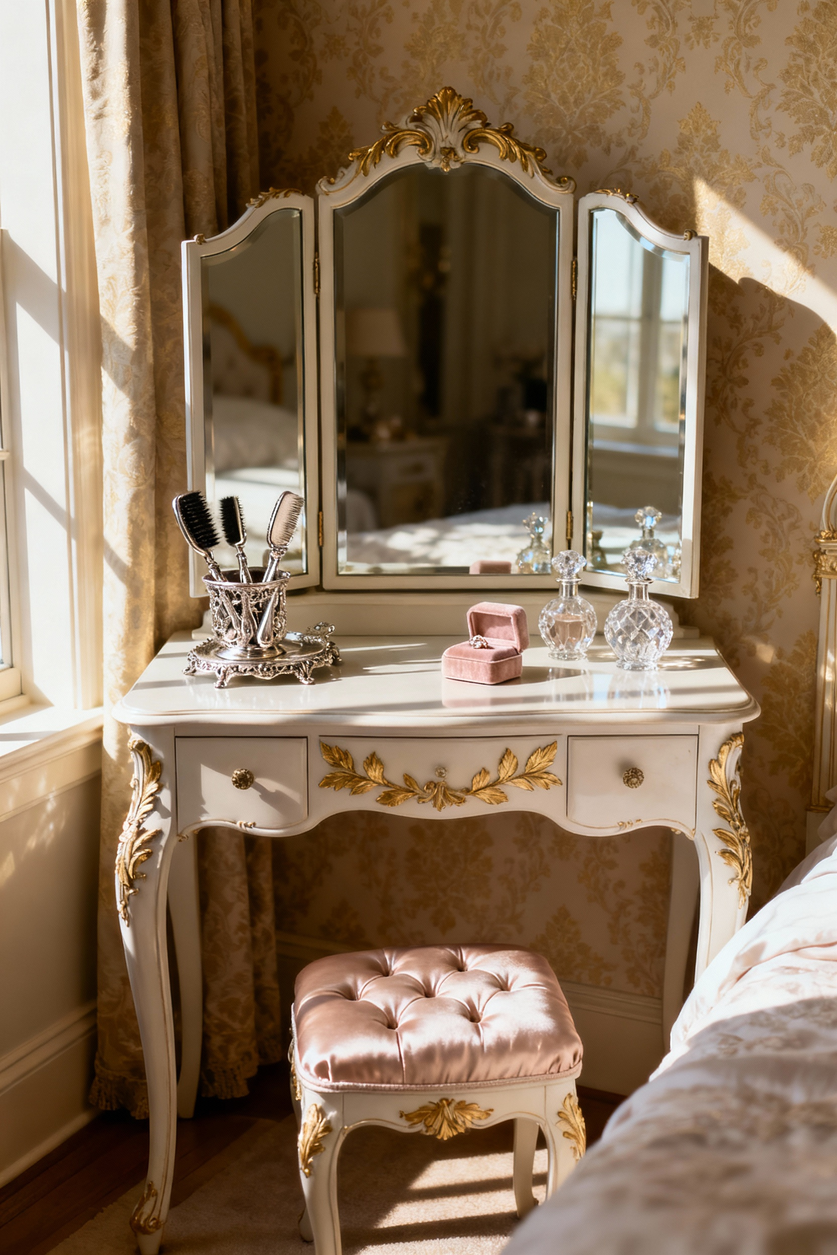 Luxurious vintage Rococo vanity table setup in a sunlit bedroom featuring antique silver grooming accessories and crystal perfume bottles, emphasizing a ritual of self-preparation.