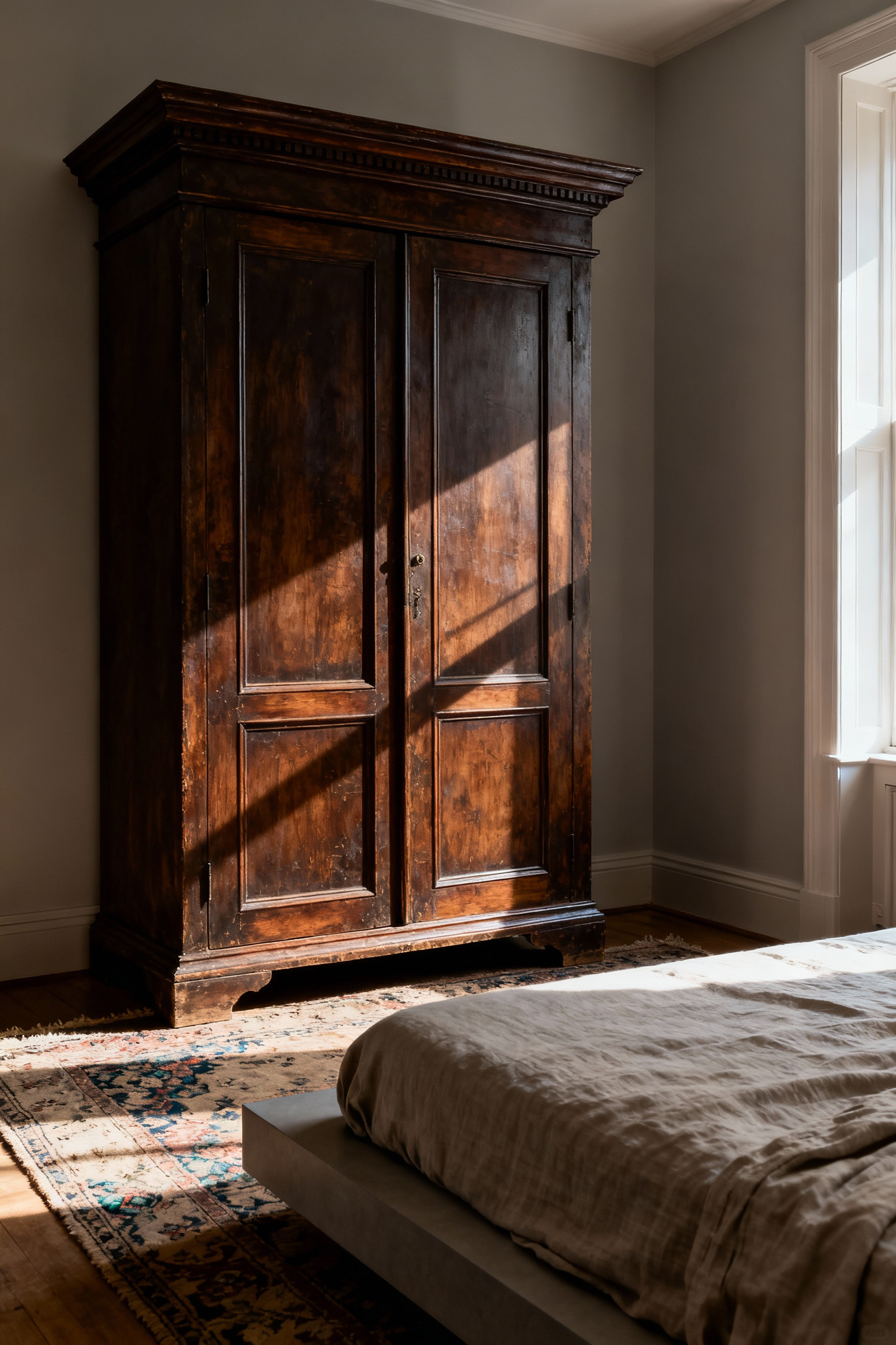 A massive, dark walnut Victorian armoire dominating a sunlit vintage-modern bedroom with soft greige walls, illustrating elegant storage maximization.