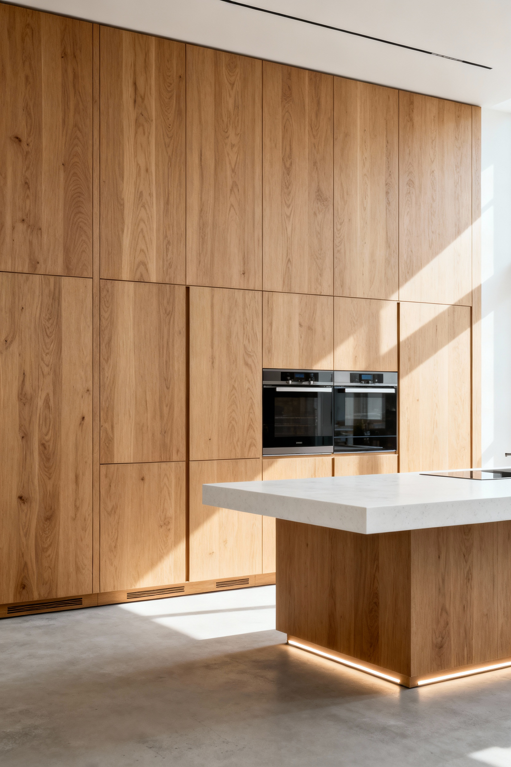 A modern kitchen featuring floor-to-ceiling light oak cabinetry, achieving visual silence by integrating all storage and appliances into a seamless, monolithic wall of wood grain.