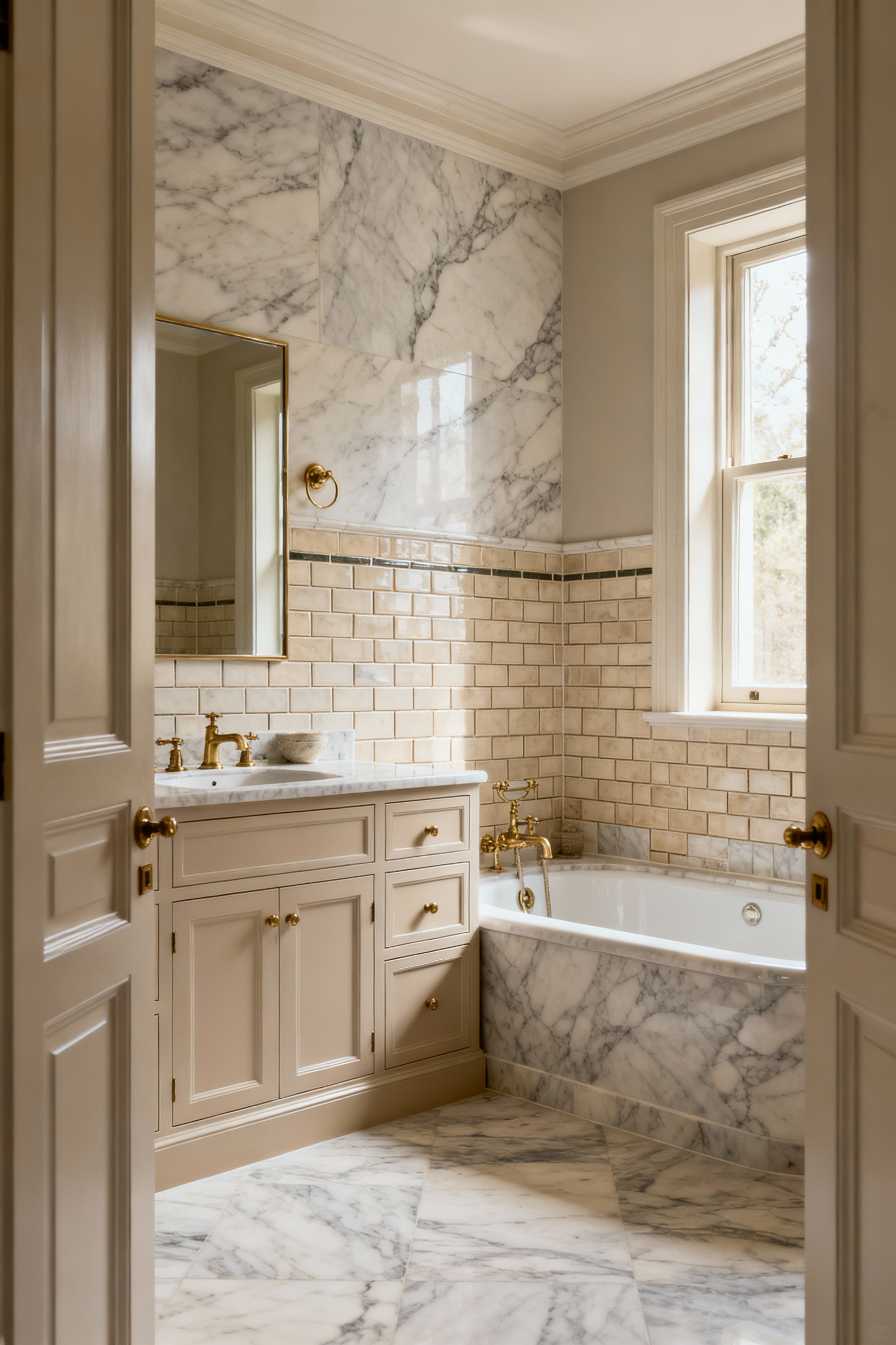 Luxurious timeless bathroom designed with Vitruvian principles of firmness, utility, and delight, featuring Carrara marble, subway tiles, brass fixtures, and soft natural light.