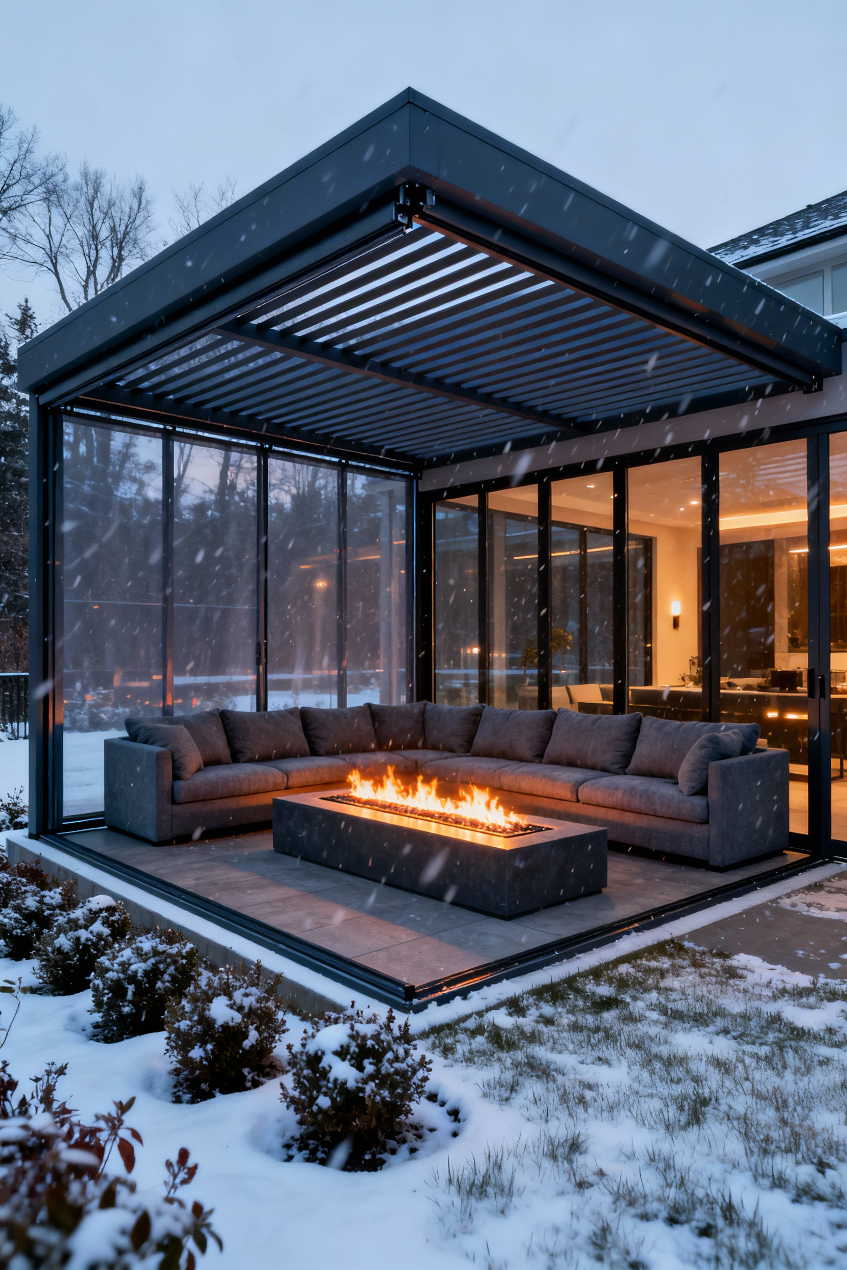 A photograph of a luxurious, winterized patio enclosed by a motorized louvered pergola and clear retractable windbreaks, showcasing warm interior seating contrasting sharply with fresh snow visible outside the enclosure.