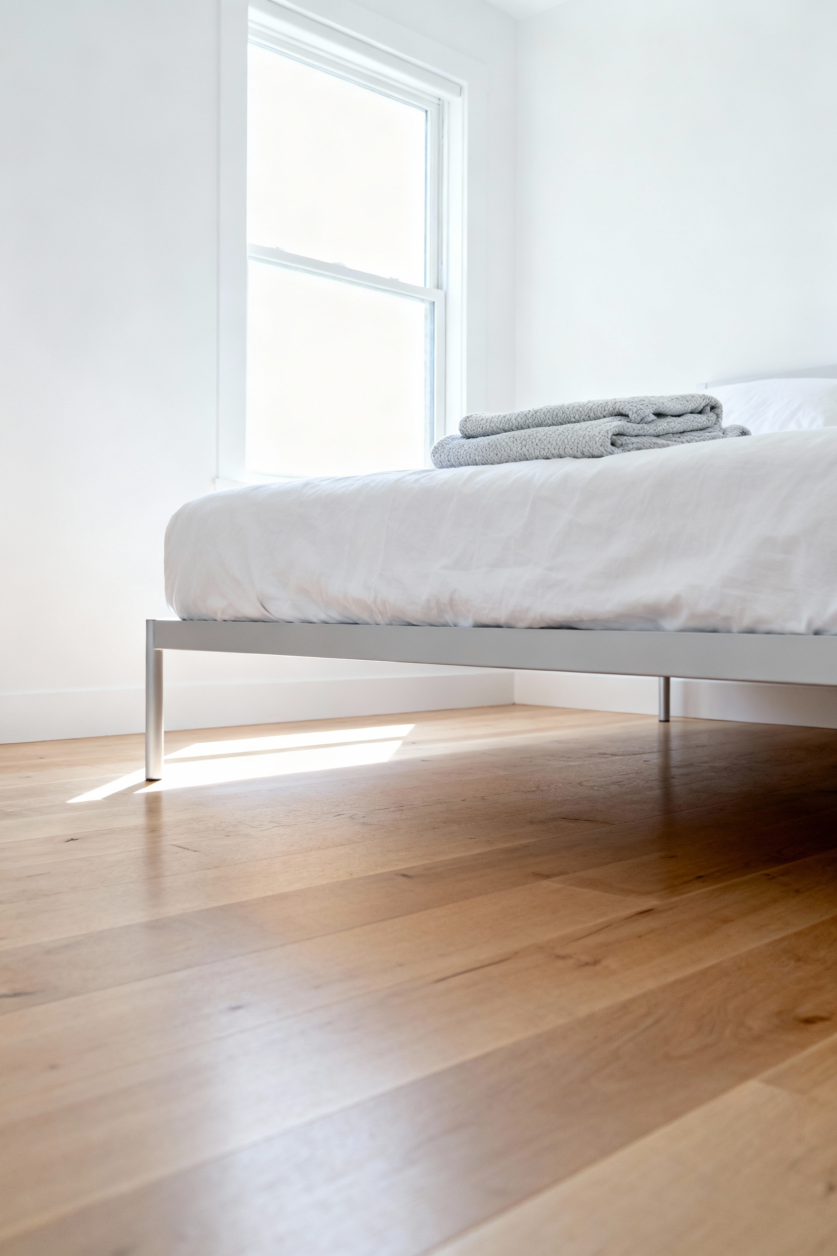 A small, bright bedroom featuring a queen bed on a high-legged platform frame, demonstrating how visible floor space underneath the bed increases the perceived size of the room.
