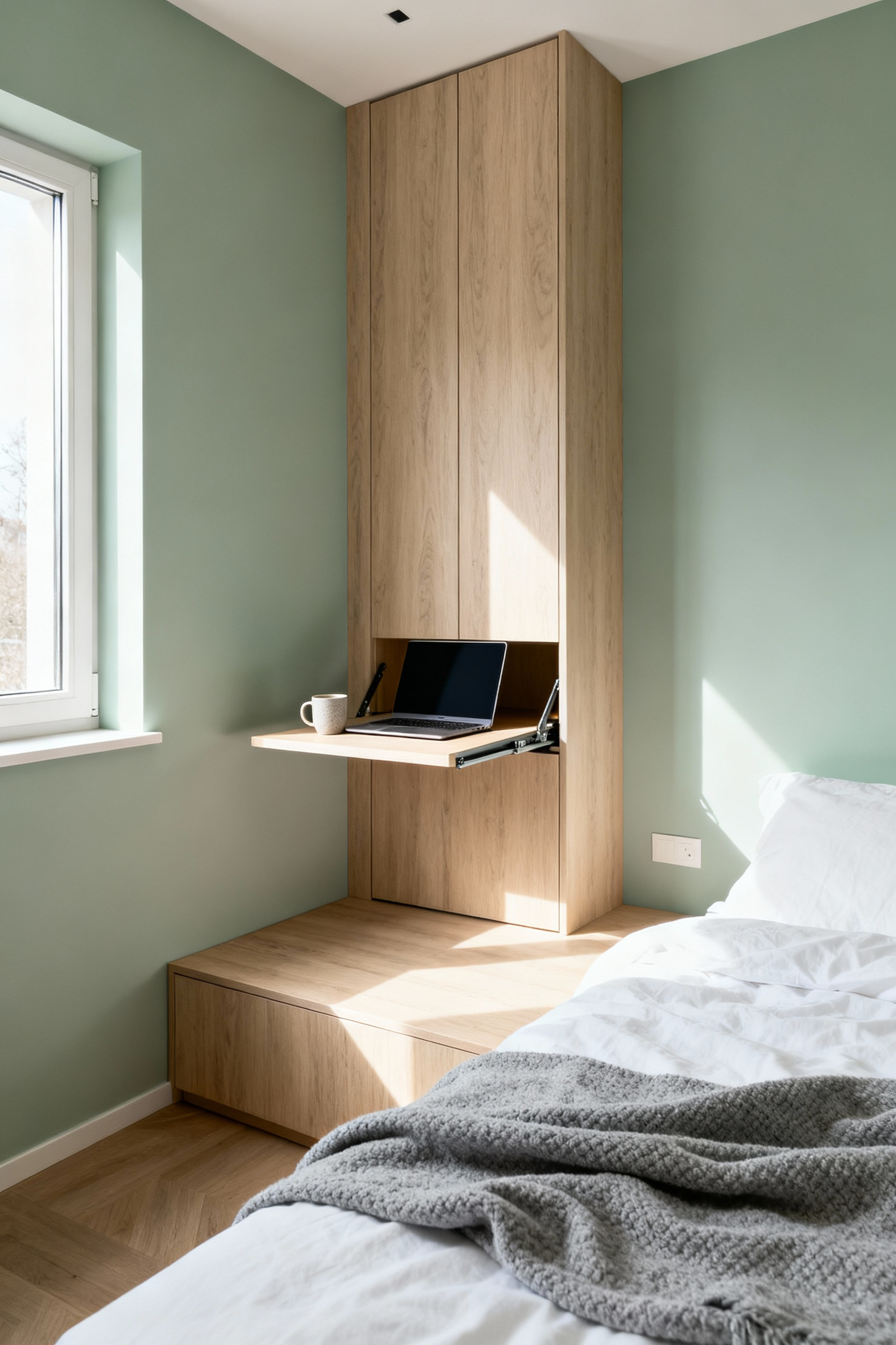 A small bedroom featuring a minimalist folding desk pulled down from a built-in wall cabinet, illustrating a dual-purpose workspace integrated seamlessly into a sleeping area.