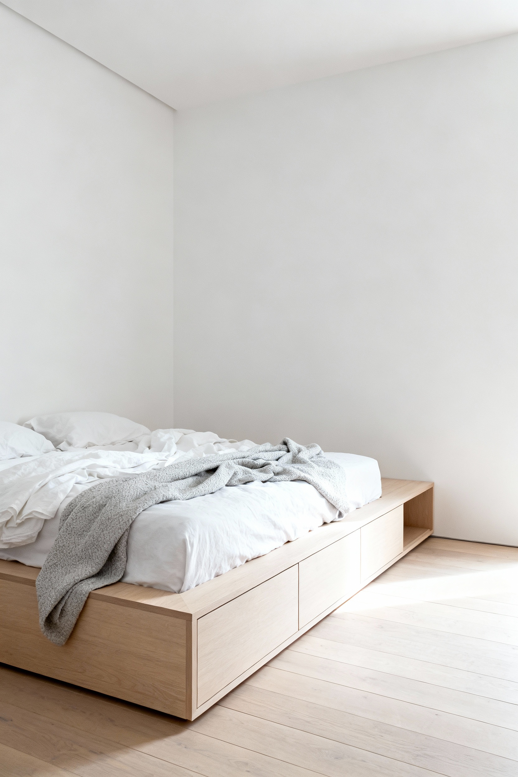 A serene small Scandinavian bedroom showcasing a light wood platform bed where the under-bed storage is perfectly integrated and flush, creating a minimalist, monolithic base volume to hide visual clutter.