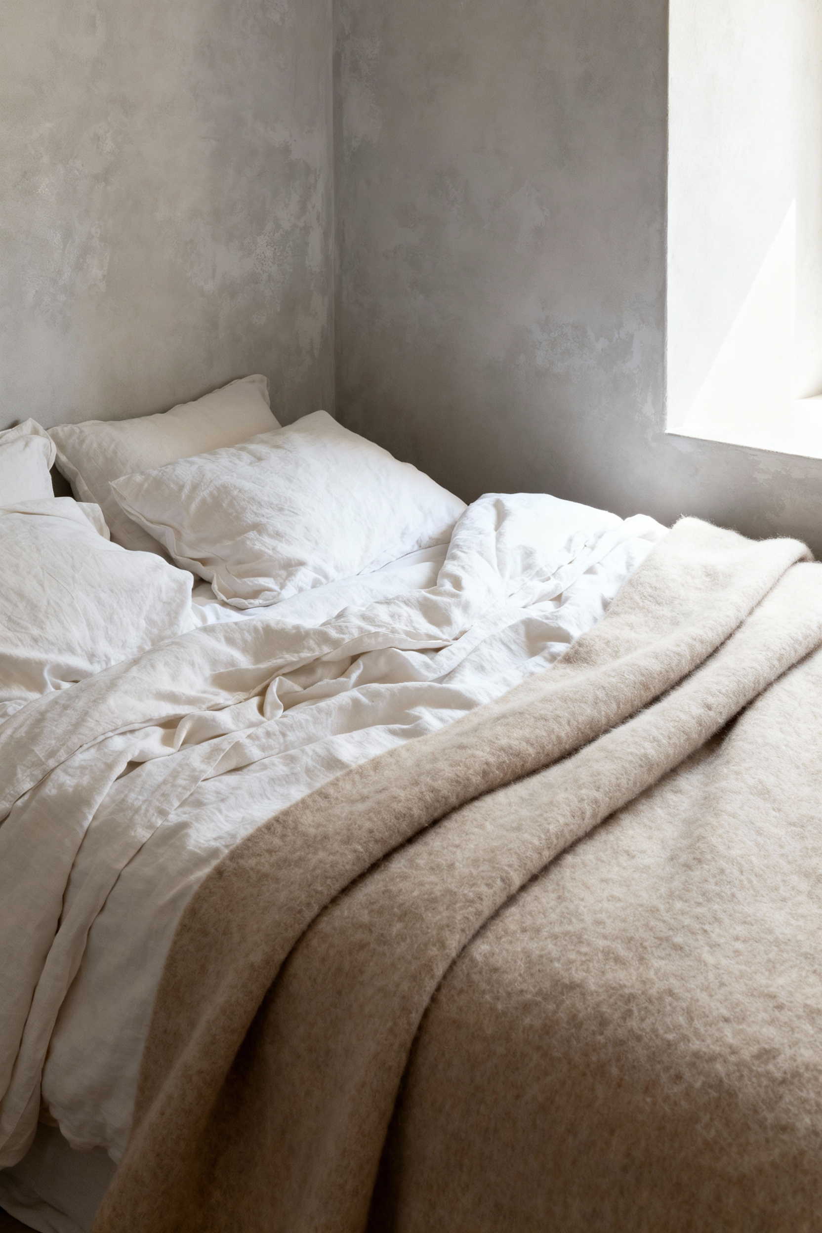 A small, cozy bedroom featuring a bed layered with rumpled ivory linen sheets and anchored by a heavy, tactile oatmeal wool throw, demonstrating Hygge textile strategy.