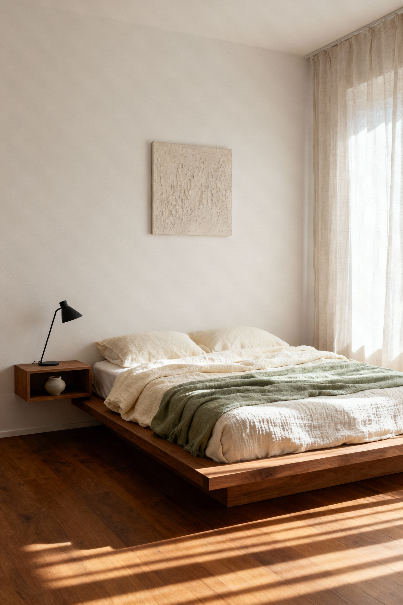 A serene small bedroom designed using the Lagom principle, featuring a low wooden bed, soft linen textiles, minimal essential furnishings, and warm diffused morning light, emphasizing intentionality over clutter.