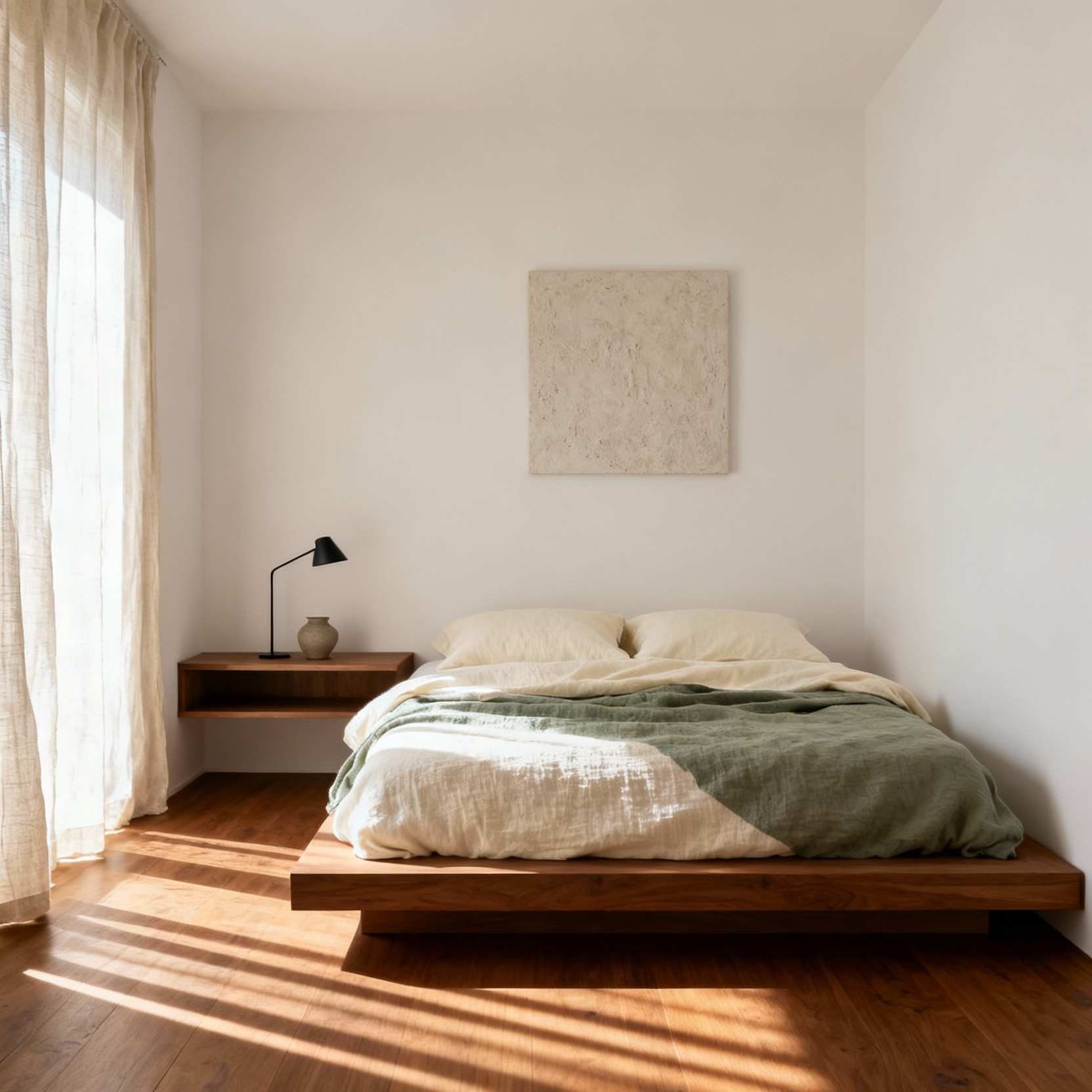 A serene small bedroom designed using the Lagom principle, featuring a low wooden bed, soft linen textiles, minimal essential furnishings, and warm diffused morning light, emphasizing intentionality over clutter.