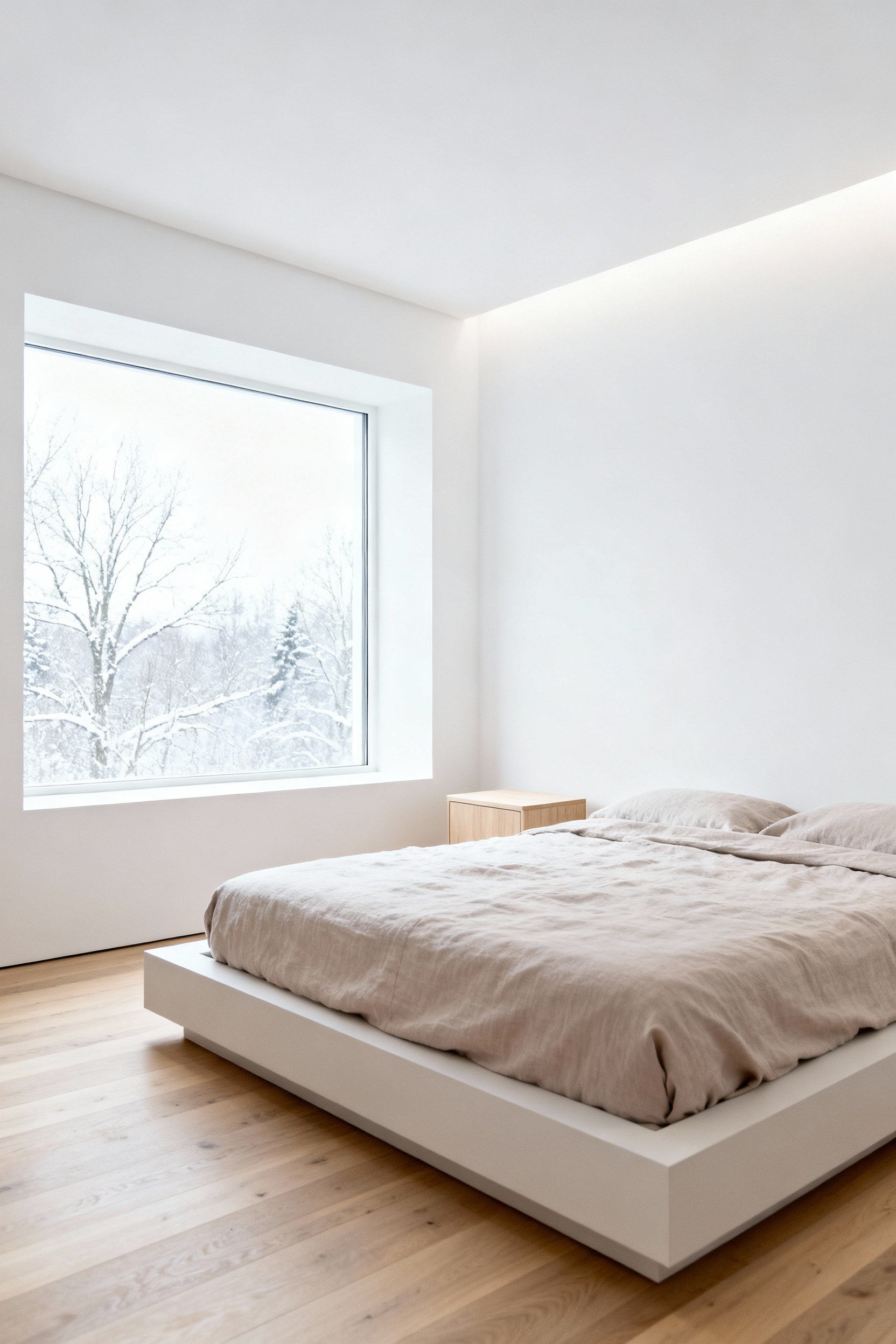 Bright white Scandinavian small bedroom designed with homogeneous white walls and ceiling to maximize light reflection and visually expand the room's boundaries.