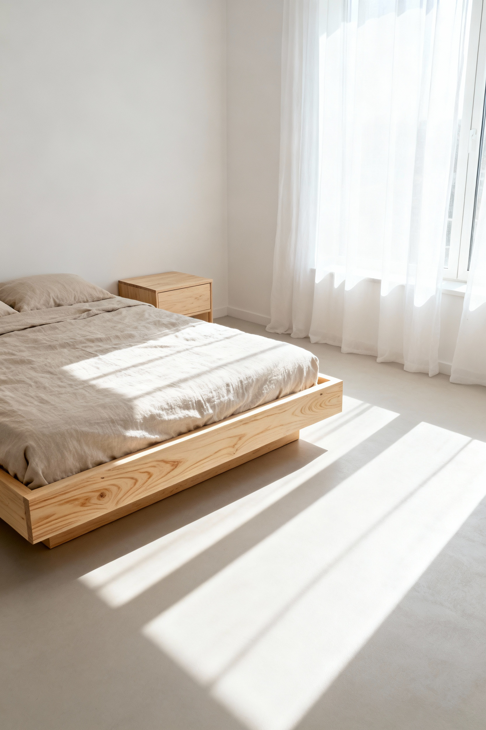 A bright, small bedroom featuring minimalist furniture made of pale Birch wood, illustrating how light-colored materials function as natural anchors to prevent the space from feeling heavy or visually constrained.
